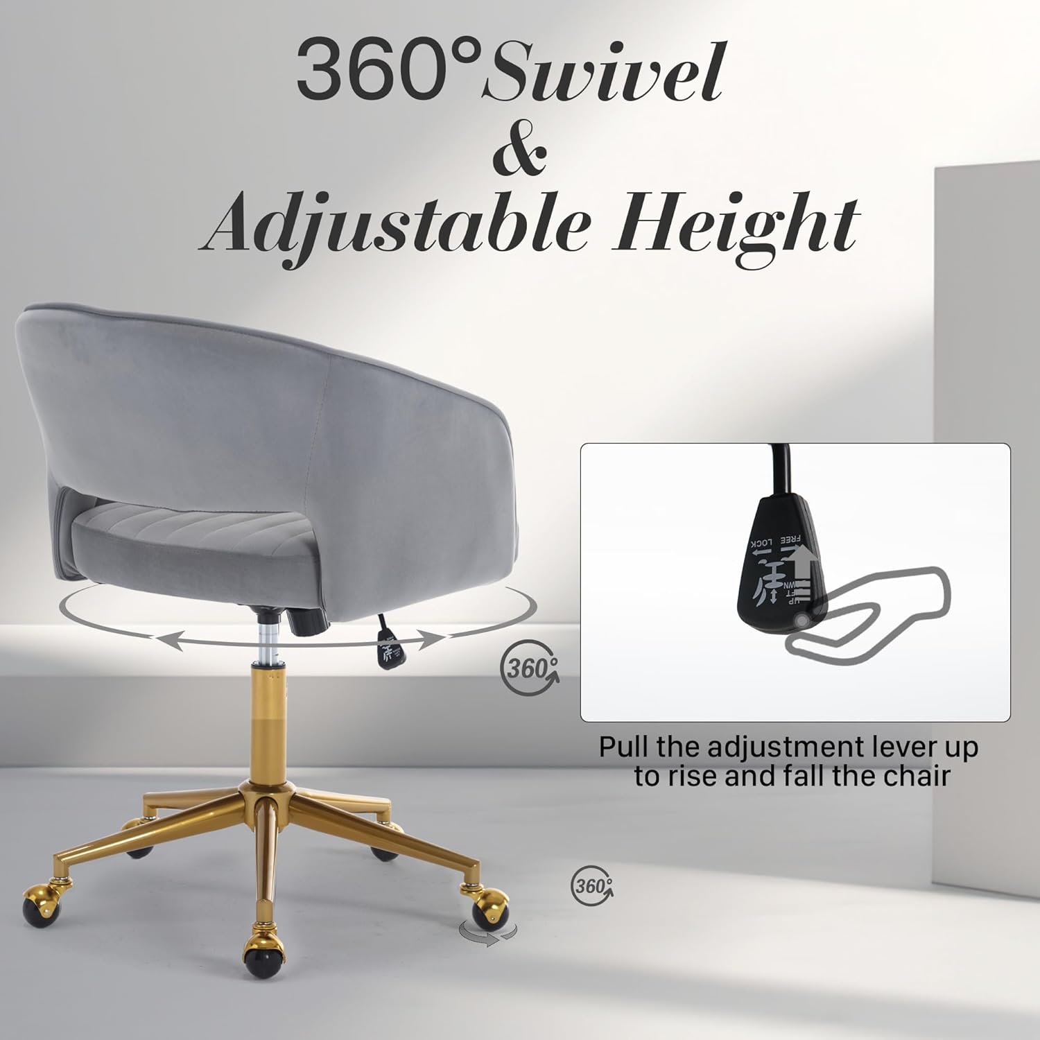 Homedraft Silla de escritorio giratoria para oficina en casa, moderna silla de escritorio de terciopelo, sillón de altura ajustable con base dorada,