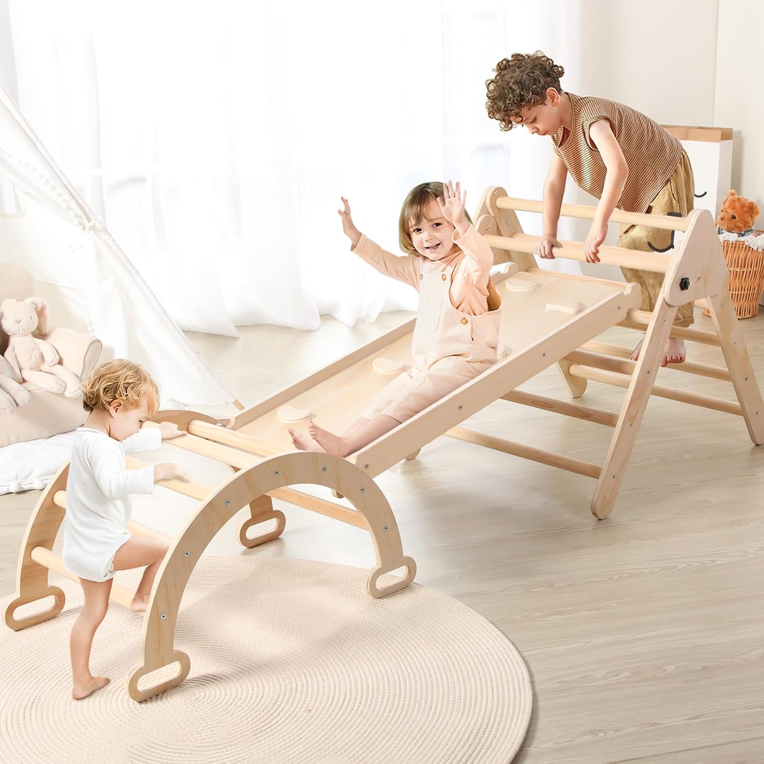 Juguetes de escalada de madera 5 en 1 para niños pequeños  Triángulo de escalada plegable, escalador de arco, rampa de escalada  Juguetes Montessori