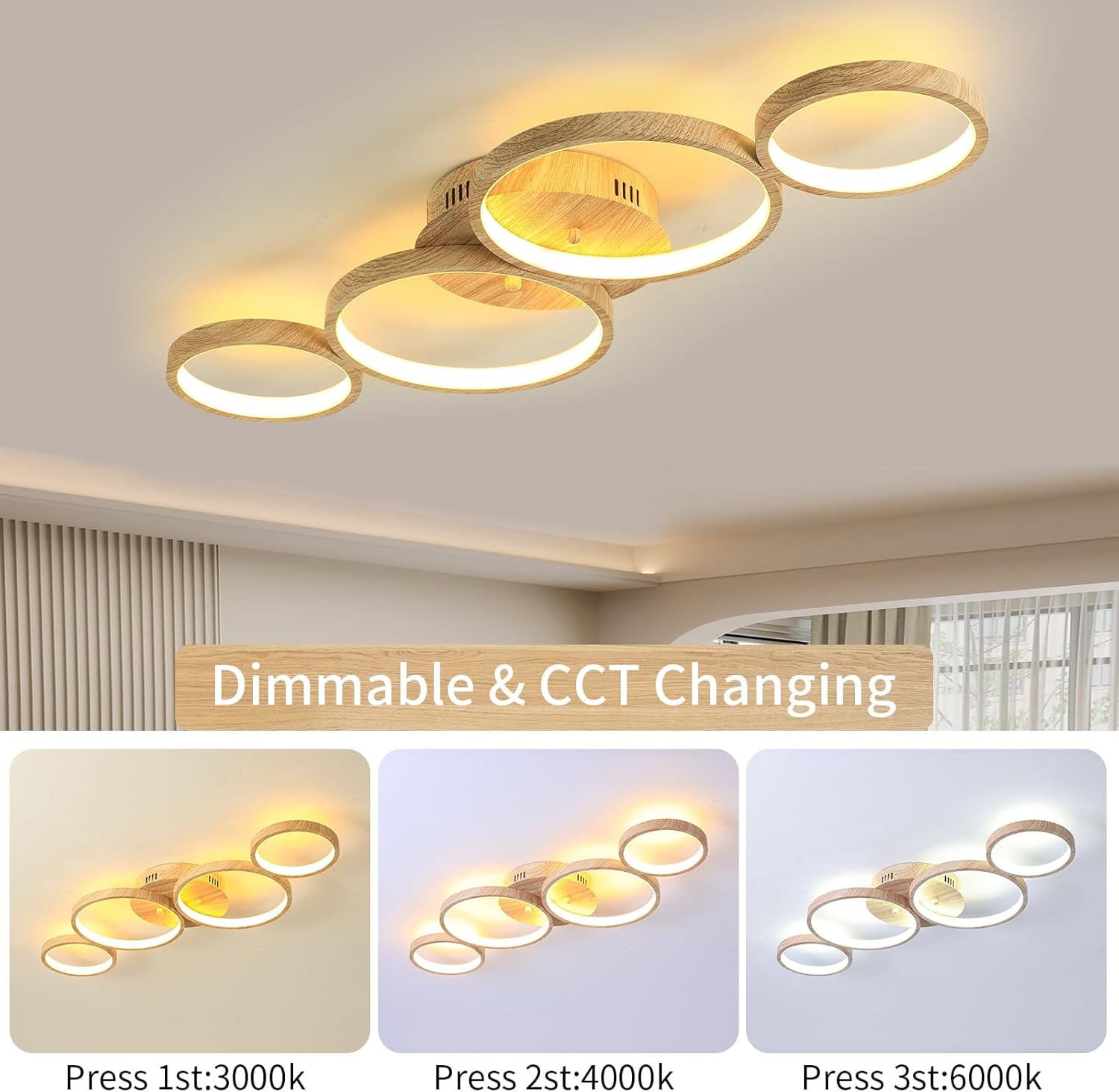 Lámpara de techo LED de madera, montaje empotrado, 48 W, 3840 lm, 4 anillos, lámpara de techo para sala de estar, dormitorio, comedor, 3 colores, L
