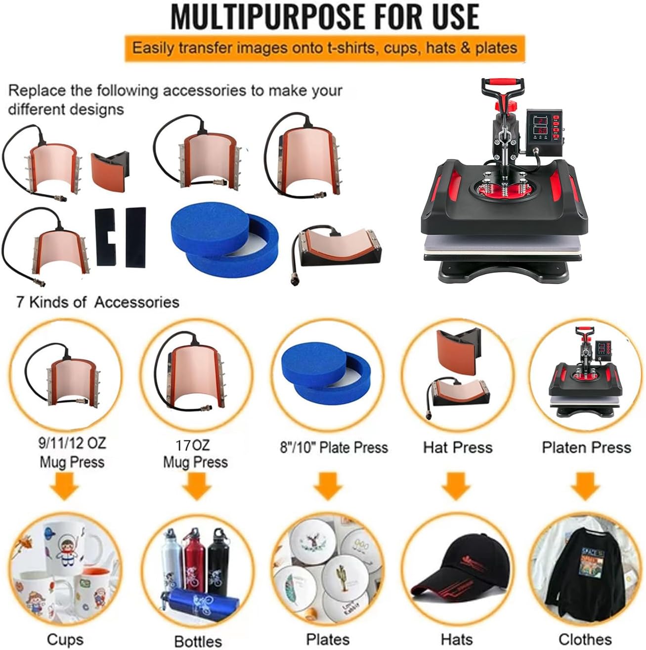 Máquina de prensa de calor, 15 x 15 pulgadas, prensa de calor 8 en 1, máquina de sublimación de ensamblaje, rotación de 360 oscilante, para