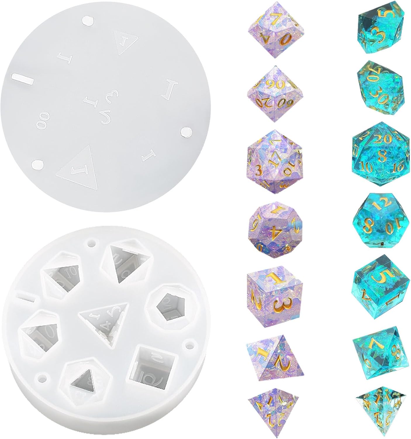 Moldes de dados para dados de resina epoxi, molde de resina de dados DND integrado con 7 cavidades de dados poliédricos estándar de borde afilado,
