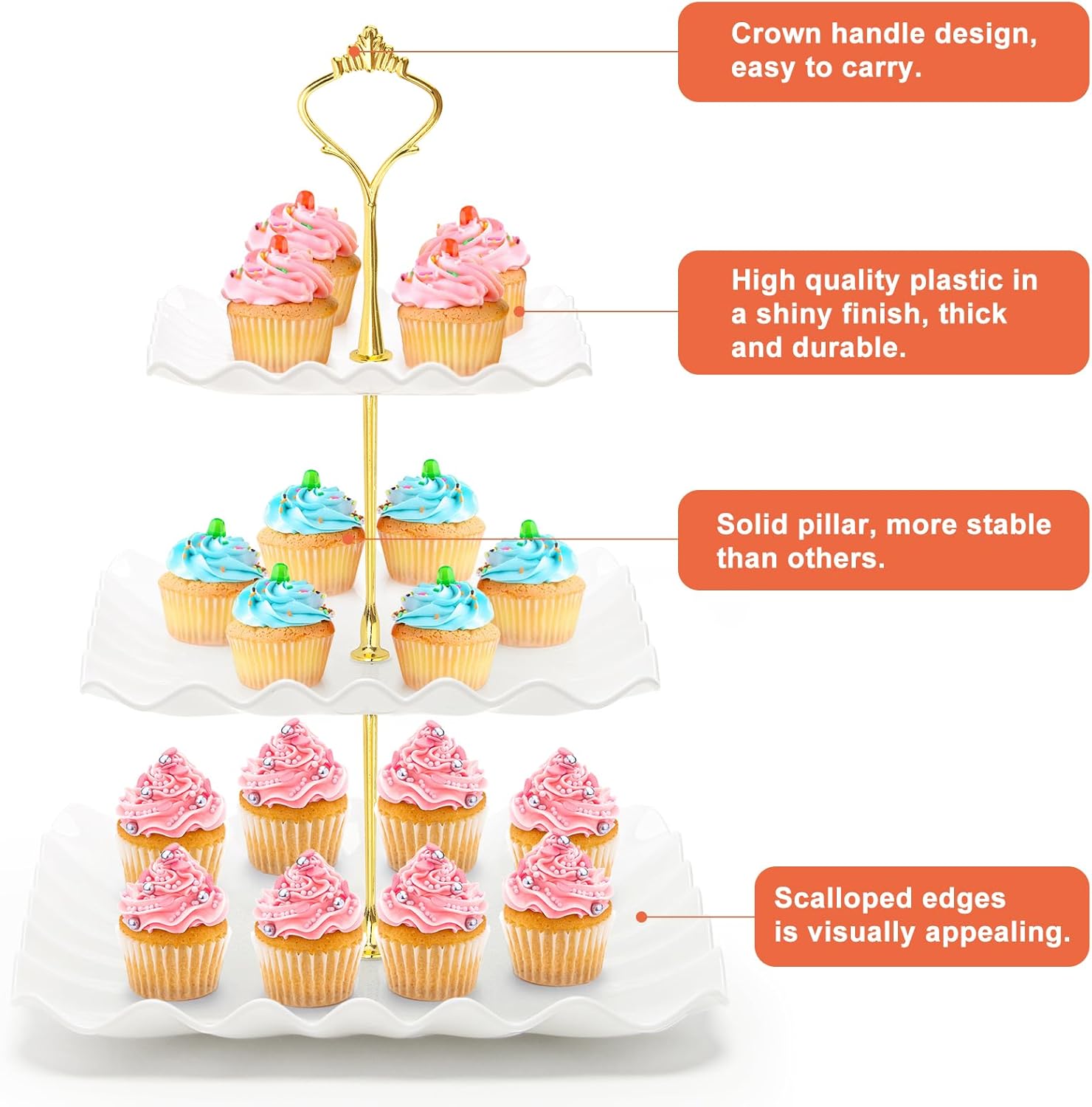 Coitak Soporte para cupcakes de 3 niveles, soporte de plástico escalonado, bandeja cuadrada para postres para fiestas de té, baby shower y boda