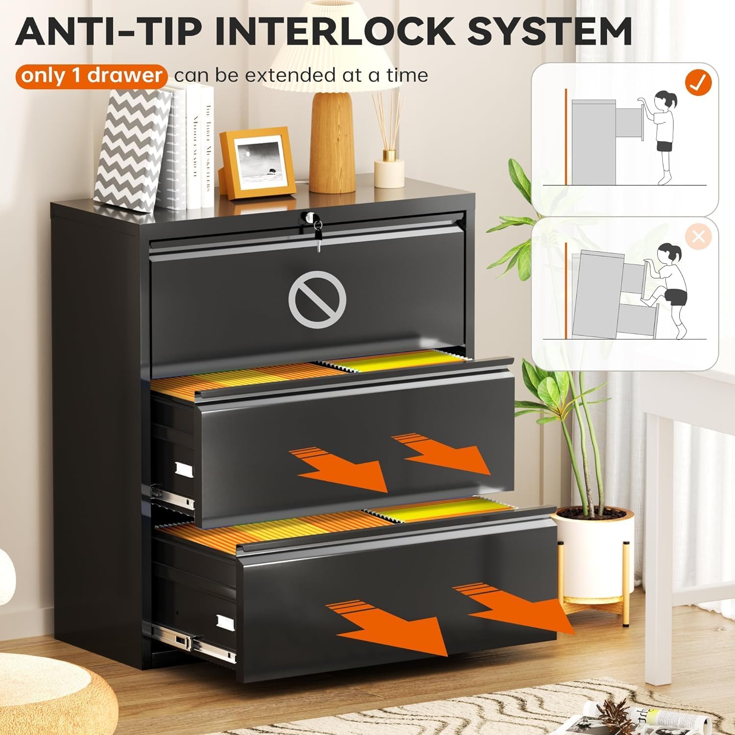 INTERGREAT Archivador lateral negro de 3 cajones archivador lateral con cerradura, archivadores horizontales de bloqueo de acero metálico para