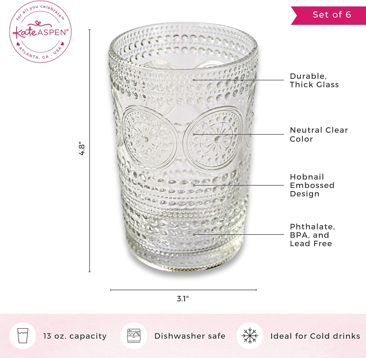 Kate Aspen Hobnail – Juego de 6 vasos transparentes con cuentas florales (13 onzas), juego de cristalería vintage, juego de vasos de cóctel, vasos