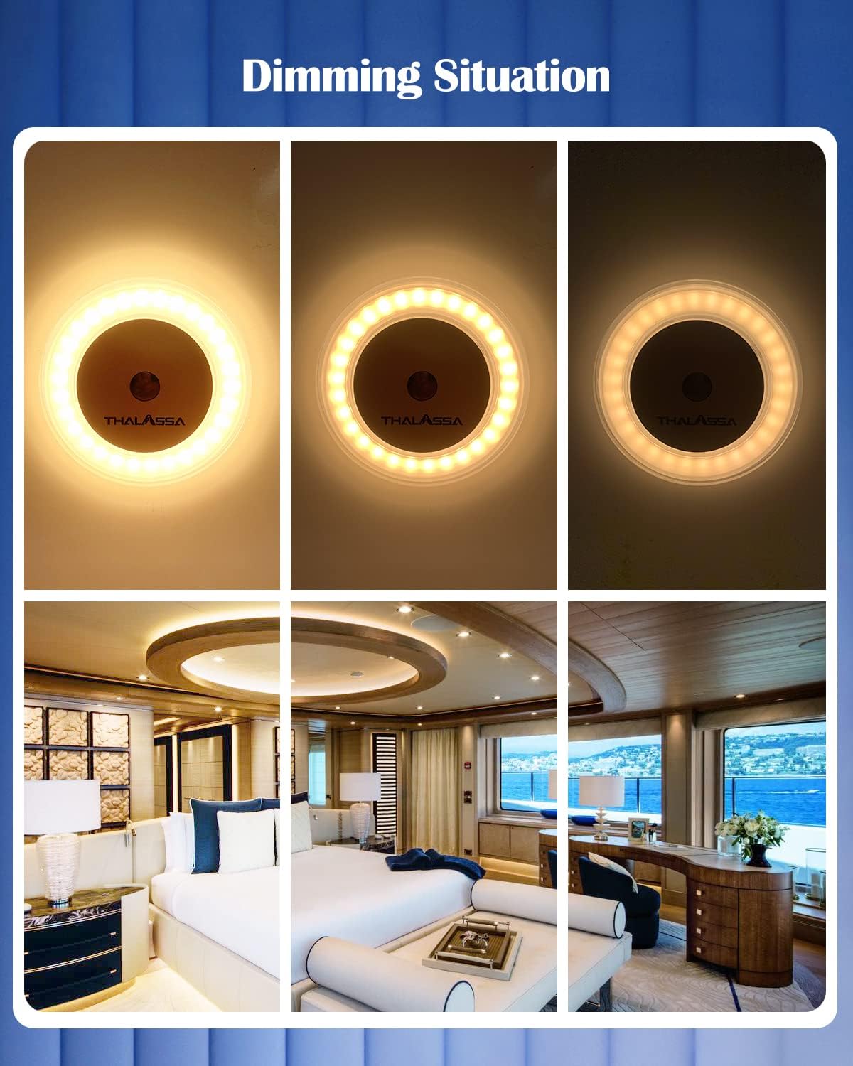 THALASSA Lámpara LED táctil de 12 V para caravana  Luz de techo para barco de 3 W, atenuador de 2800 K, luz marina de memoria suave y cálida, lente