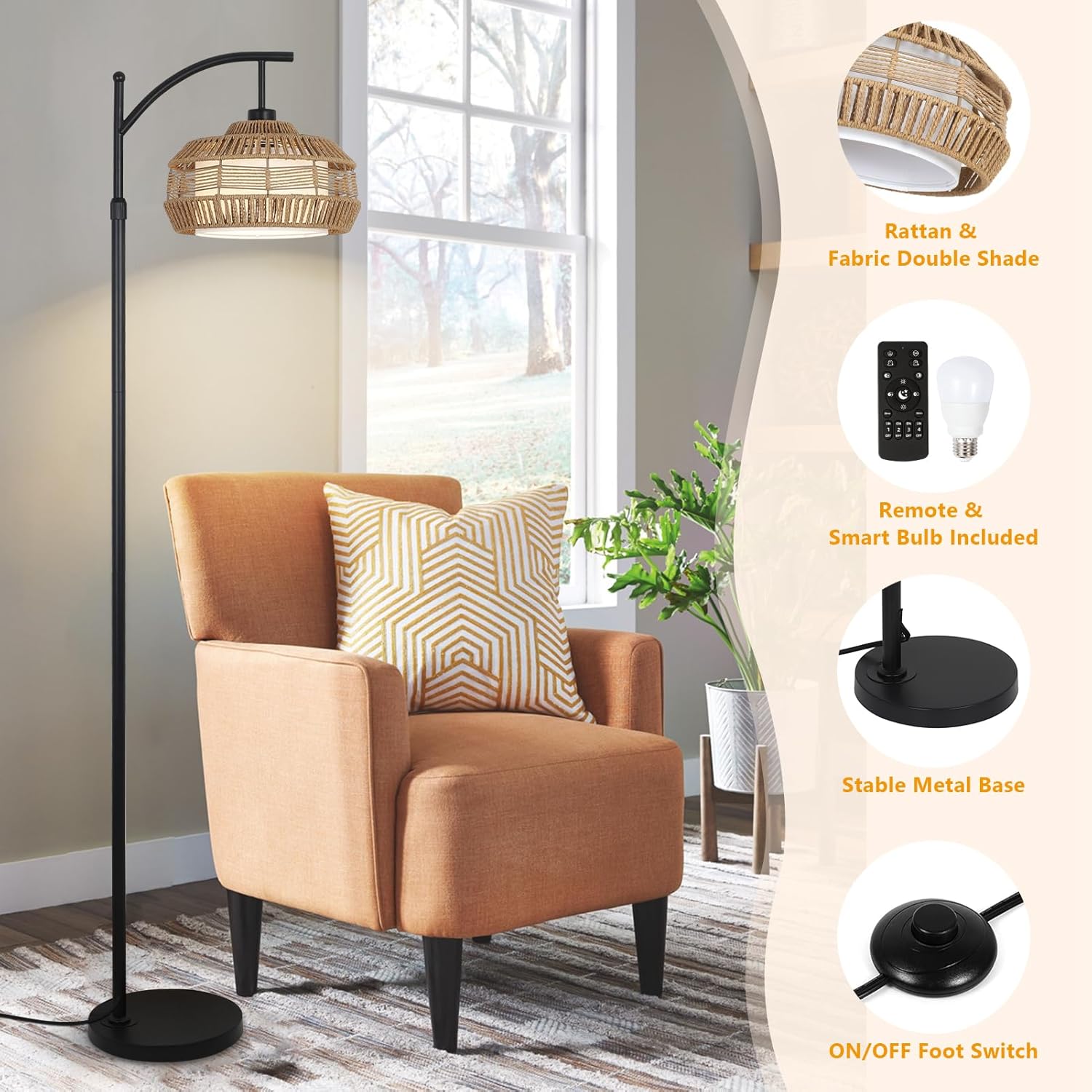 Lámparas de pie de arco para sala de estar, lámpara de pie de ratán negro con control remoto, bombilla inteligente, lámpara de pie bohemia regulable