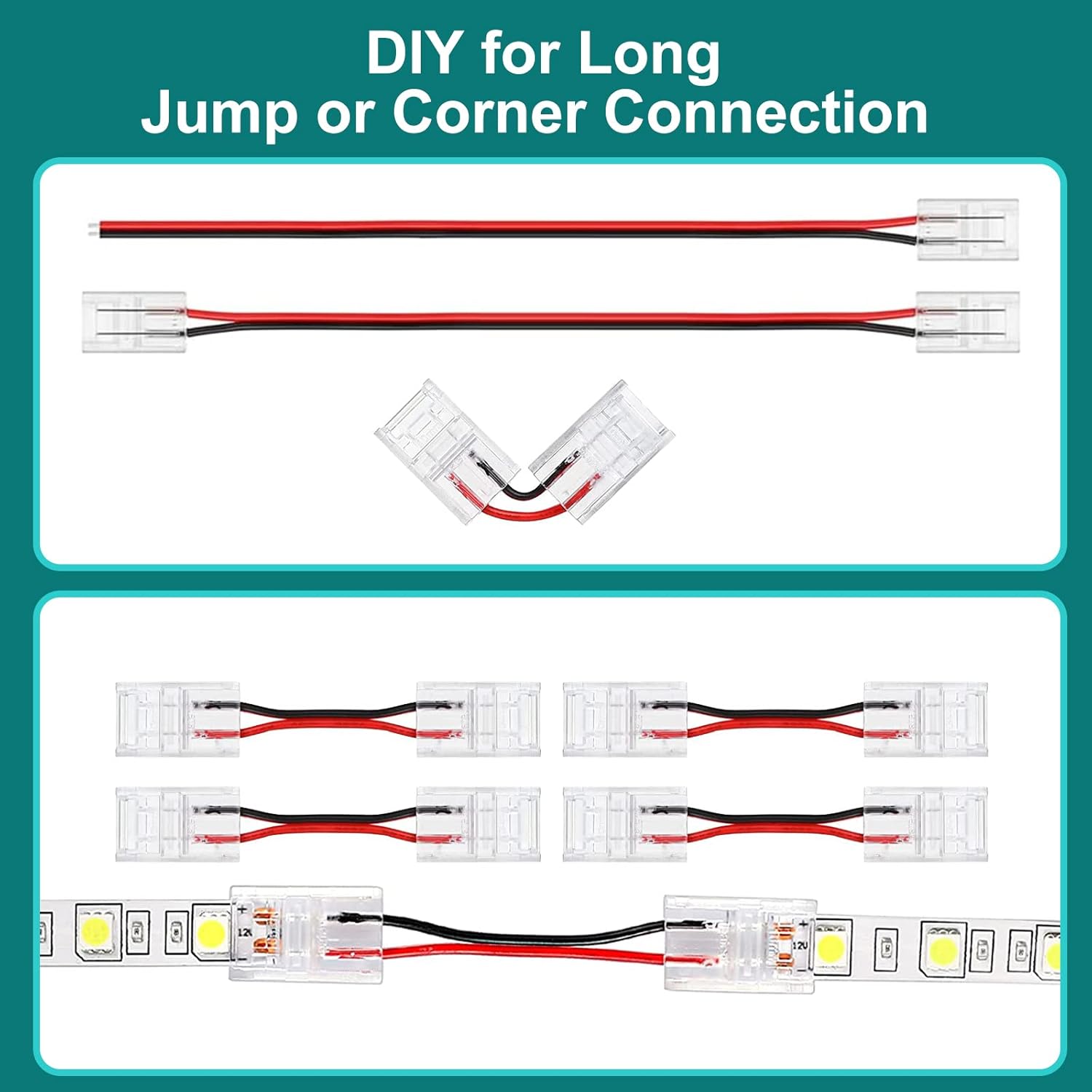 Tira de luces LED Conectores de 2 PIN, 65.6 pies, 2 conductores, cable LED, 2 PIN, conector LED sin soldadura, 2 PIN, conector de tira LED de 0.315