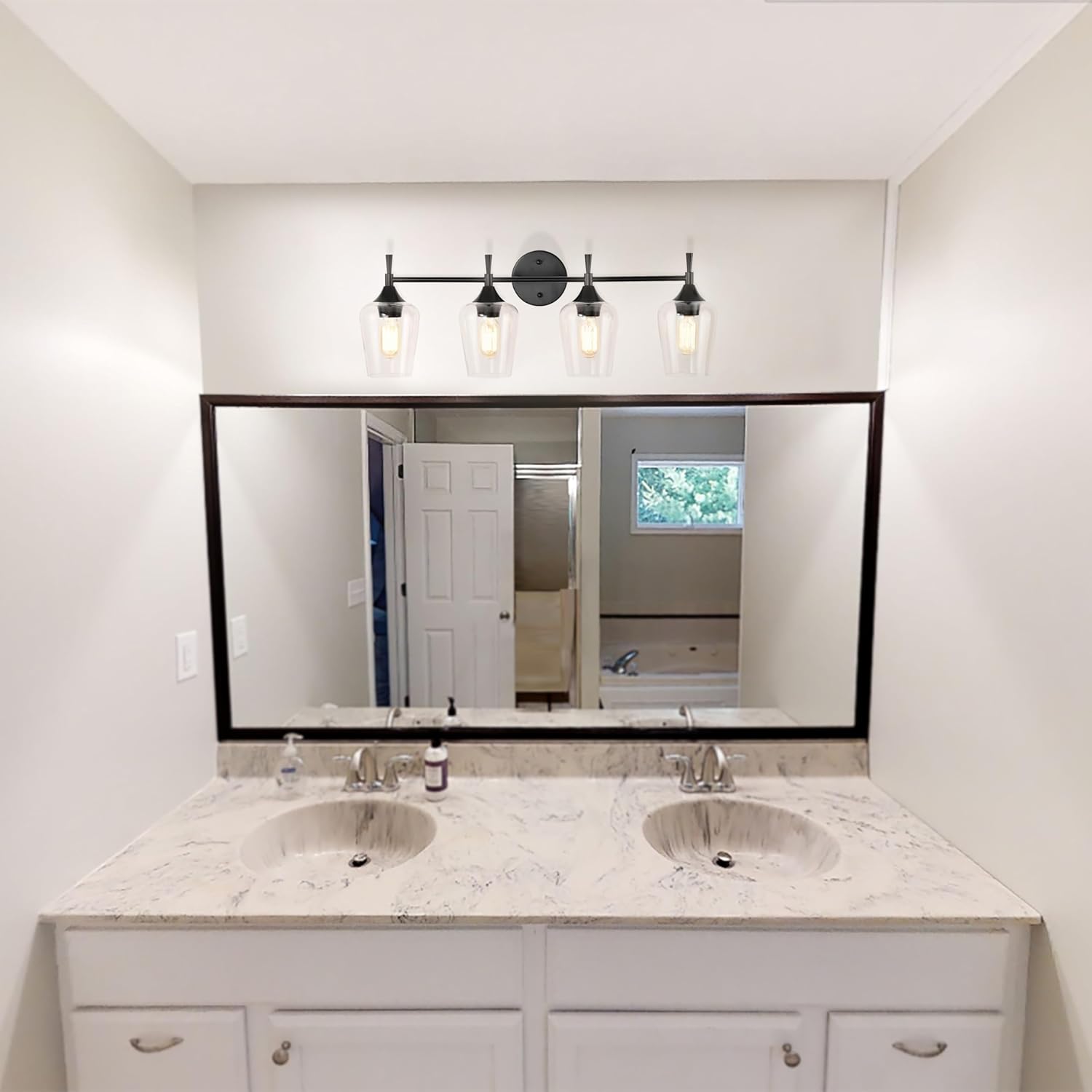 Edvivi Lámpara de tocador de baño de 4 luces, color negro mate clásico con pantalla de vidrio transparente, lámpara de pared para espejos,