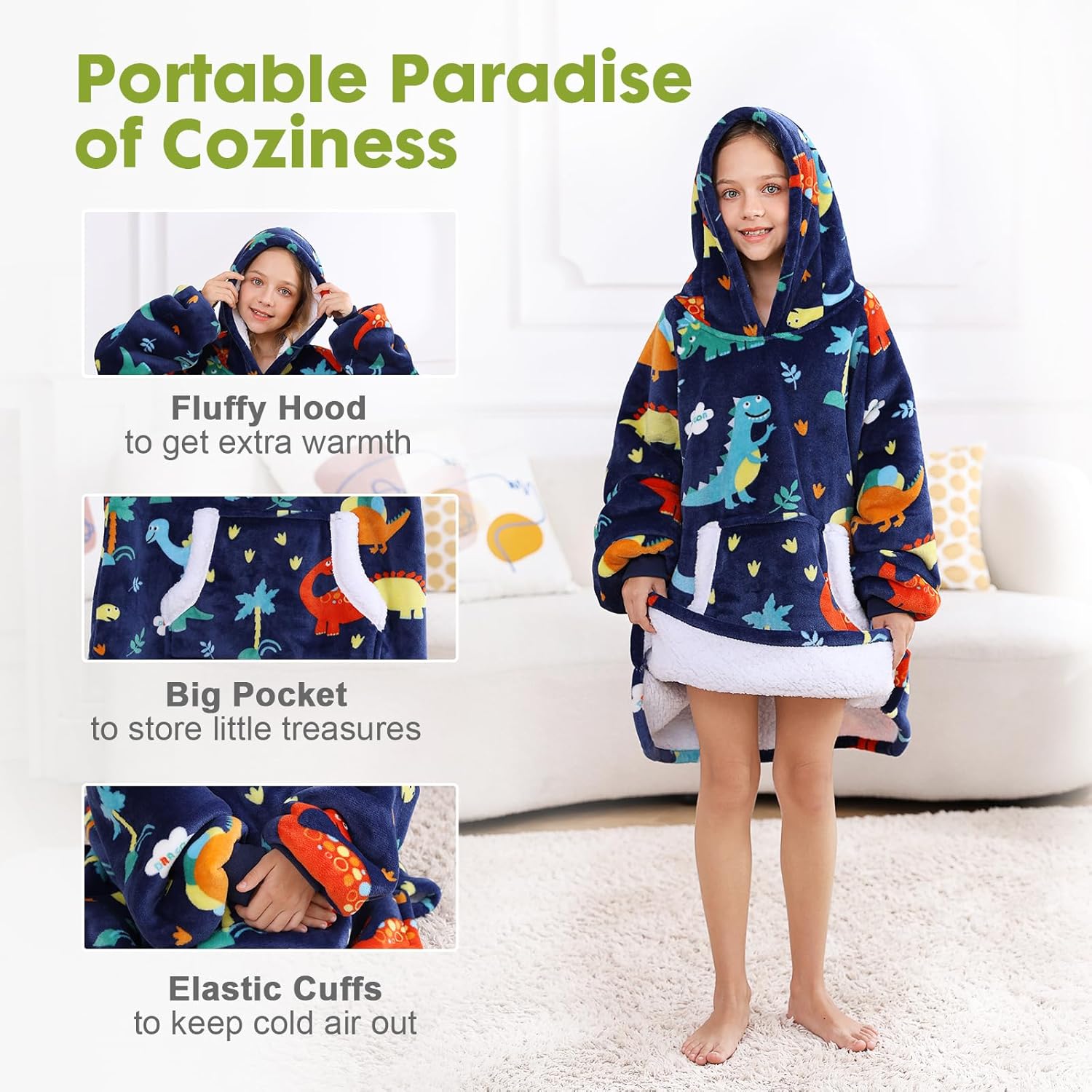 Uttermara Manta con capucha para niños, manta Sherpa de gran tamaño con capucha de sherpa, bolsillo frontal y mangas, acogedora sudadera suave y
