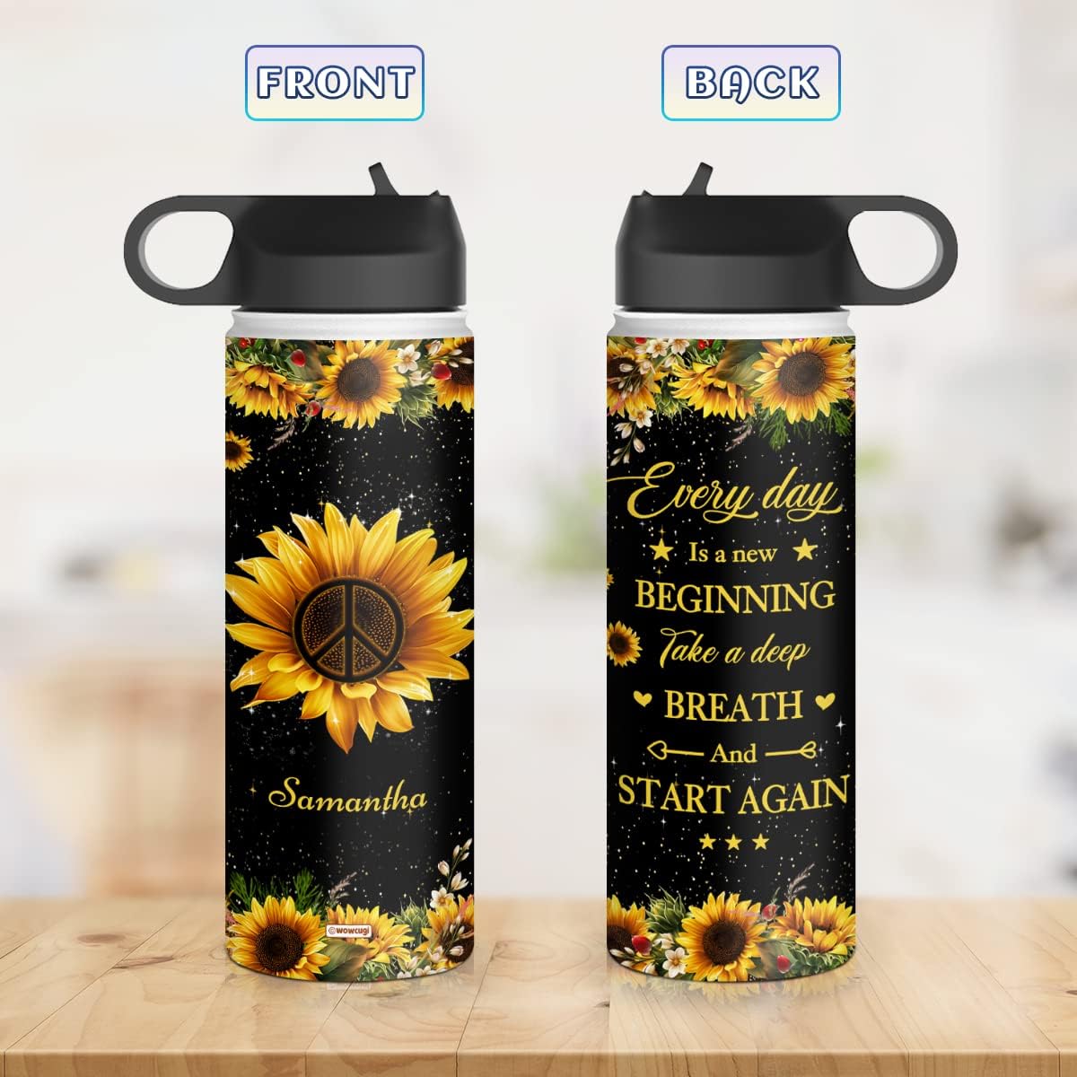 wowcugi Regalos inspiradores para mujeres, botella de agua personalizada Everyday Is A New Beginning, regalos de girasol para niñas, mejores amigas,