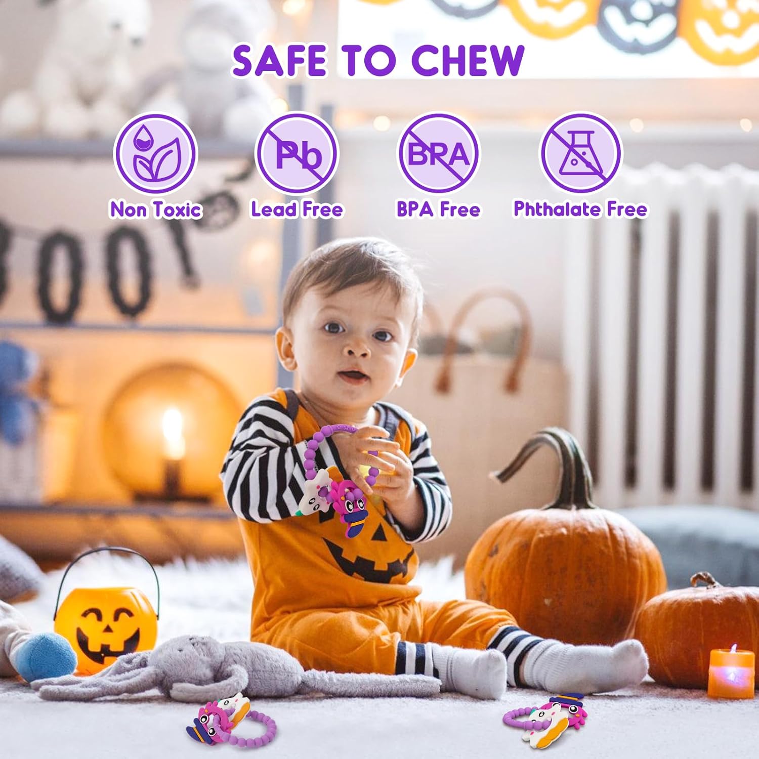 Juguetes de Halloween para bebés, mordedores de anillo para bebés de 0 a 6 meses, agarre de Halloween, juguetes de silicona para masticar, para