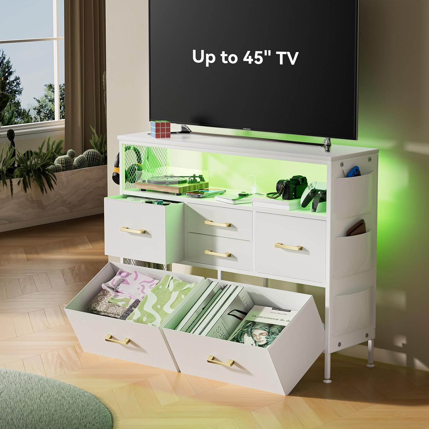 Cómoda para dormitorio, soporte de TV con tomas de corriente y luz LED, cómoda de 6 cajones con bolsillos laterales y ganchos, cómoda ancha con