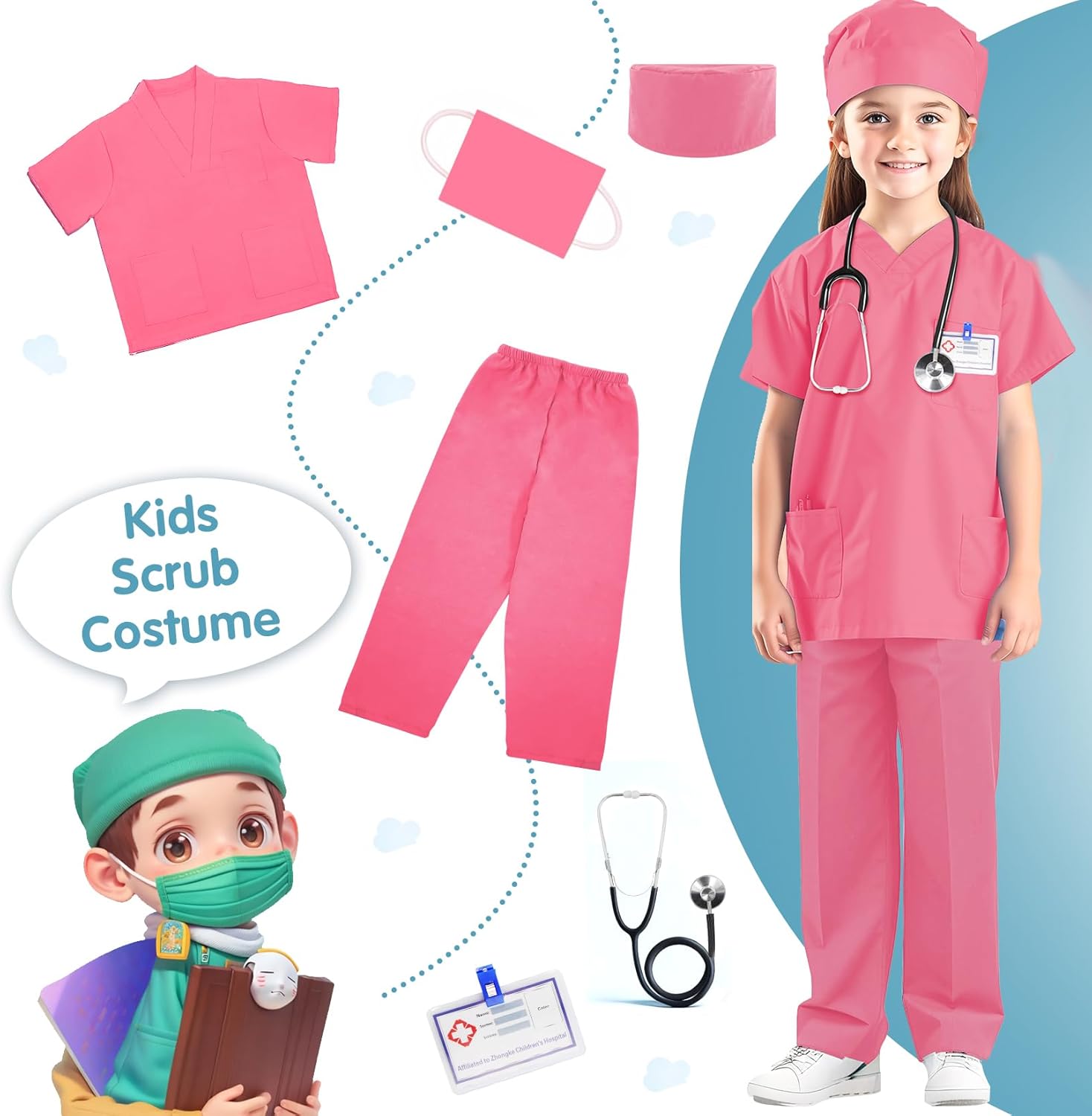 RioRand Disfraz de médico para niños, enfermeras con accesorios, disfraz de Navidad para niños y niñas de 3 a 11 años