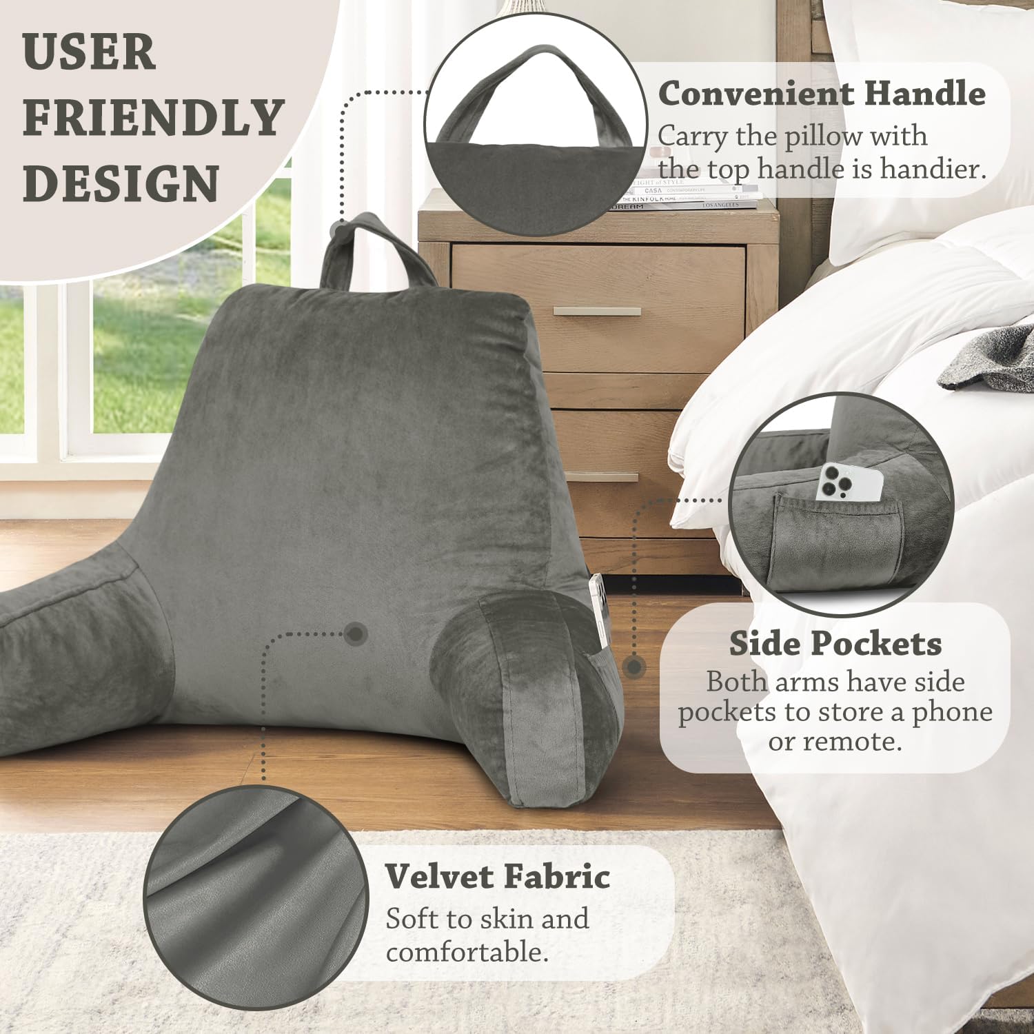 LOVTEX Almohada de lectura con funda extraíble, almohada de espalda para sentarse en la cama con brazos y bolsillos, almohada de descanso en cama