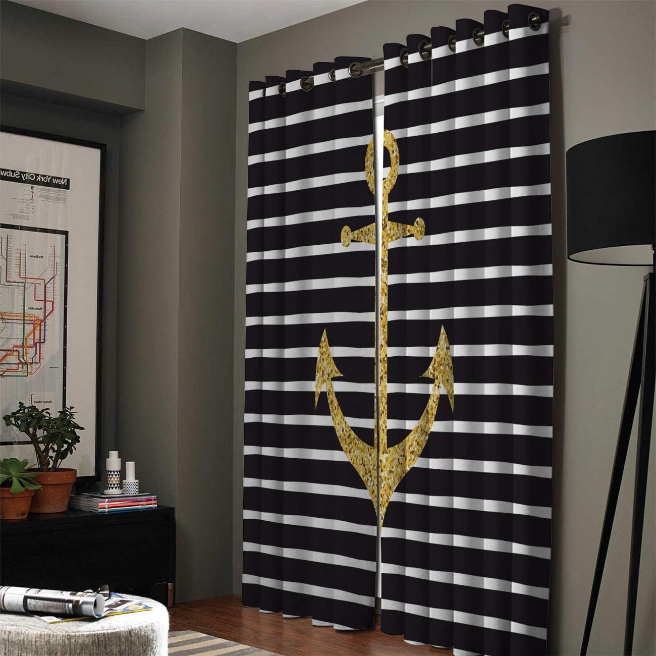 Blackout Curtains Thermal Insulated Gold Anchor on The Black Stripes Solid Pattern Metal Grommet Elegant Room Drapes Window Curtain for Bedroom