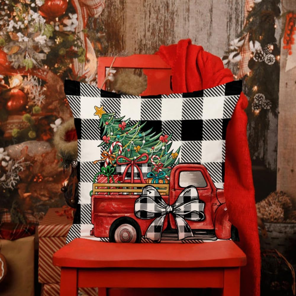DFXSZ Juego de 4 fundas de almohada de Navidad de 18 x 18 pulgadas, diseño de búfalo blanco y negro con texto en inglés “Merry and Bright Christmas