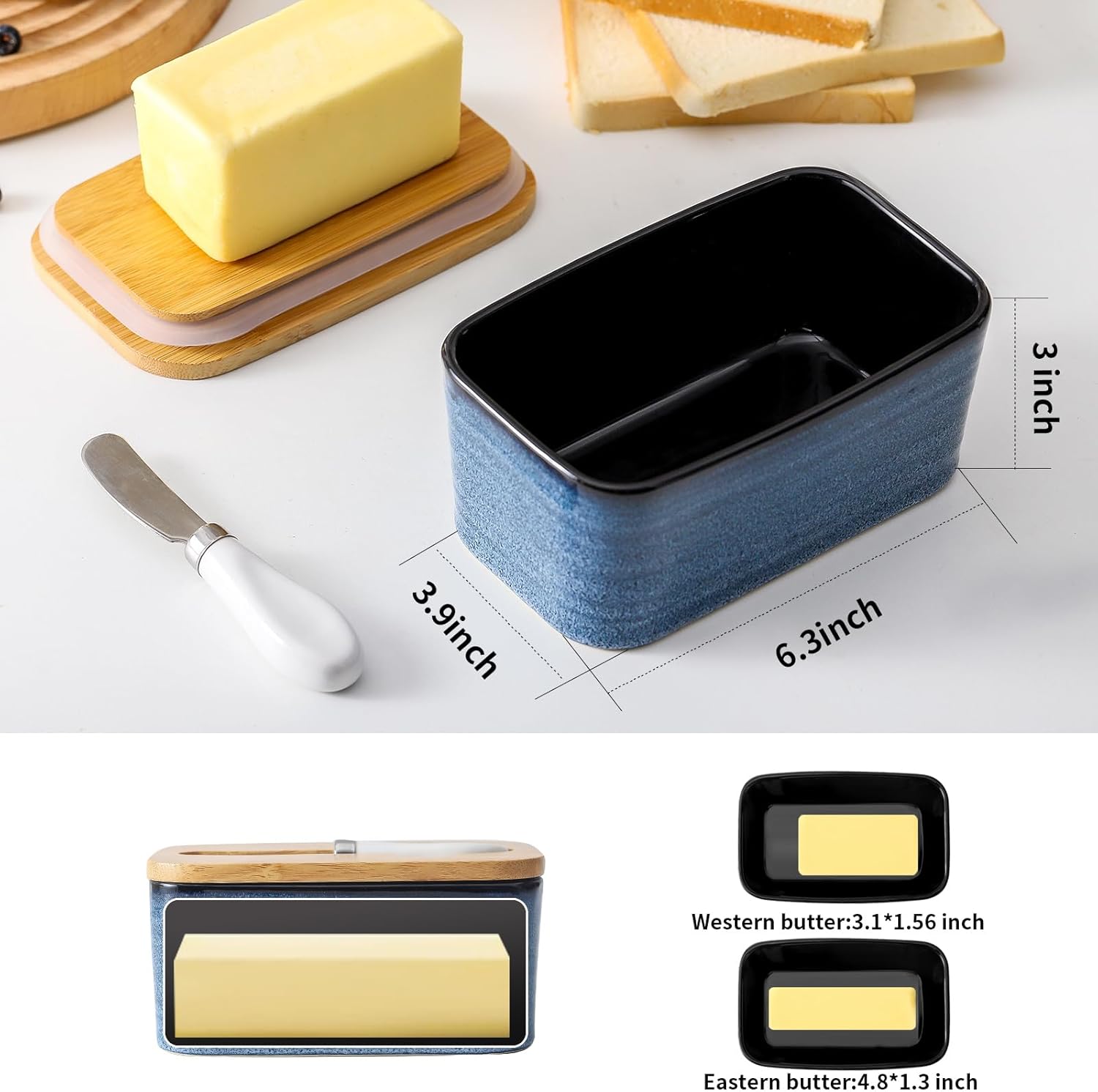 Hasense Mantequera de cerámica con tapa de bambú, recipiente grande para mantequilla y cuchillo, elegante soporte para mantequilla para encimera de