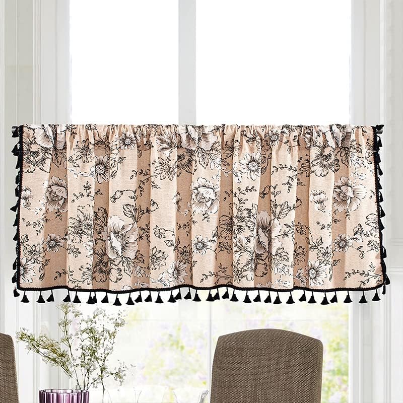 Cortinas de lino con borlas bohemias para ventana, semiopacas, panel geométrico bohemio para sala de estar, cocina, cafetería, comedor, cenefas