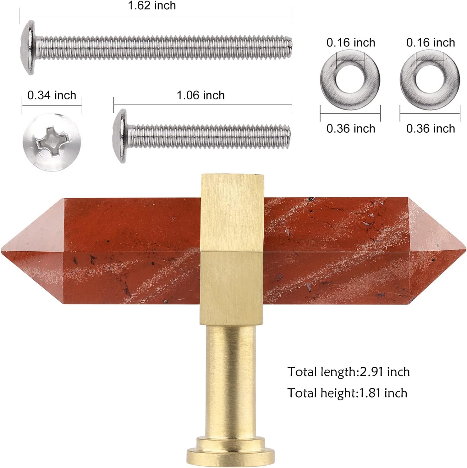 Rockcloud Paquete de 2 pomos de piedra de cristal para cajones con tornillos, pomo de armario, manija para decoración del hogar, jaspe rojo