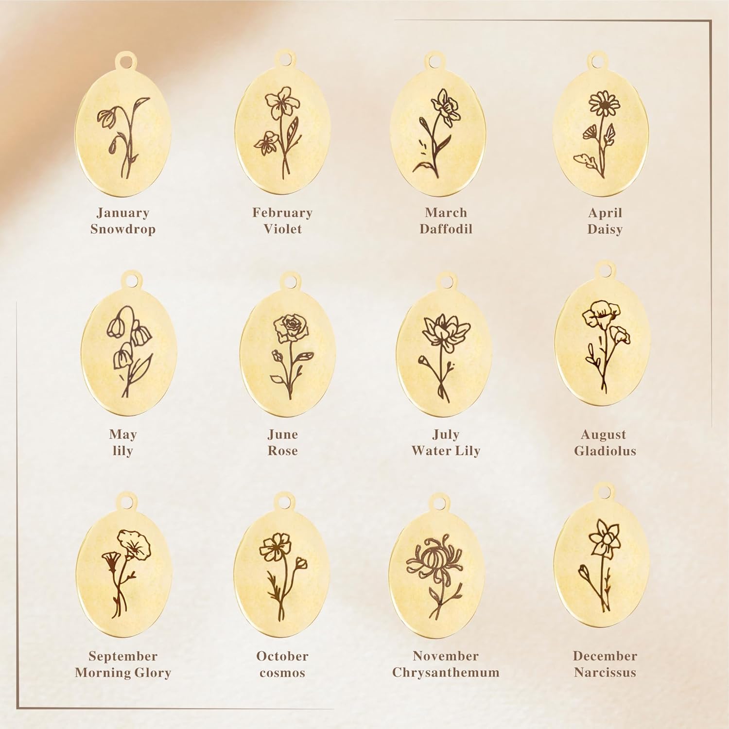 Birth Flower Necklaces for Women Trendy, 18K Gold Plated Dainty Birthstone Pendant Necklace Handmade Oval Coin Birthday Gifts for Women Girls Teens