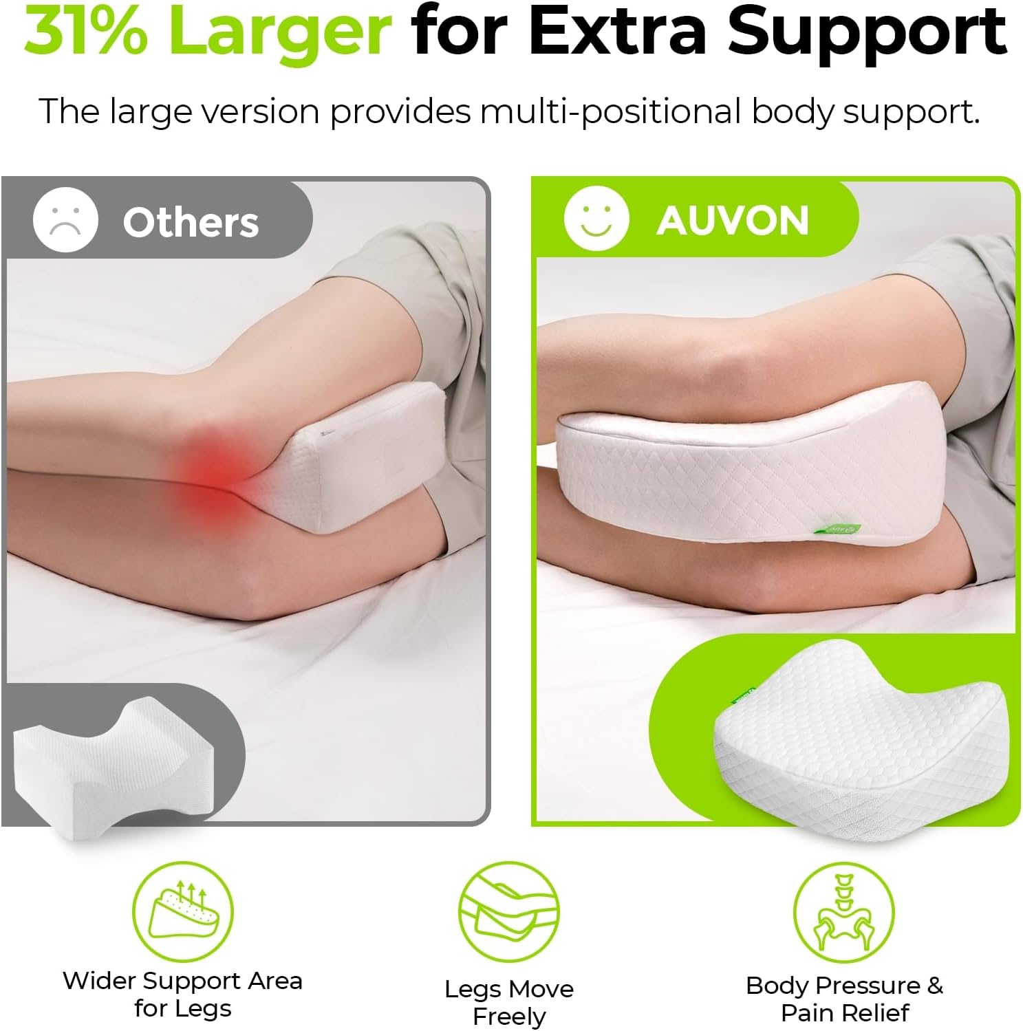 AUVON Almohada de apoyo de espuma refrescante para piernas y rodillas con tela sedosa de hielo, almohada de espuma viscoelástica de apoyo mejorado