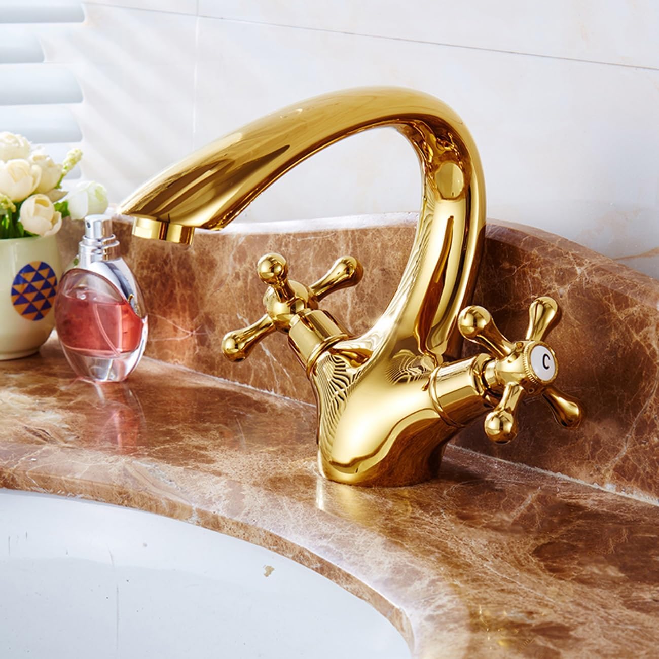 AVLUZ Grifo de latón dorado, grifo de lavabo de baño de 2 manijas de un solo orificio, montaje en cubierta, grifo de lavabo de agua fríacaliente,