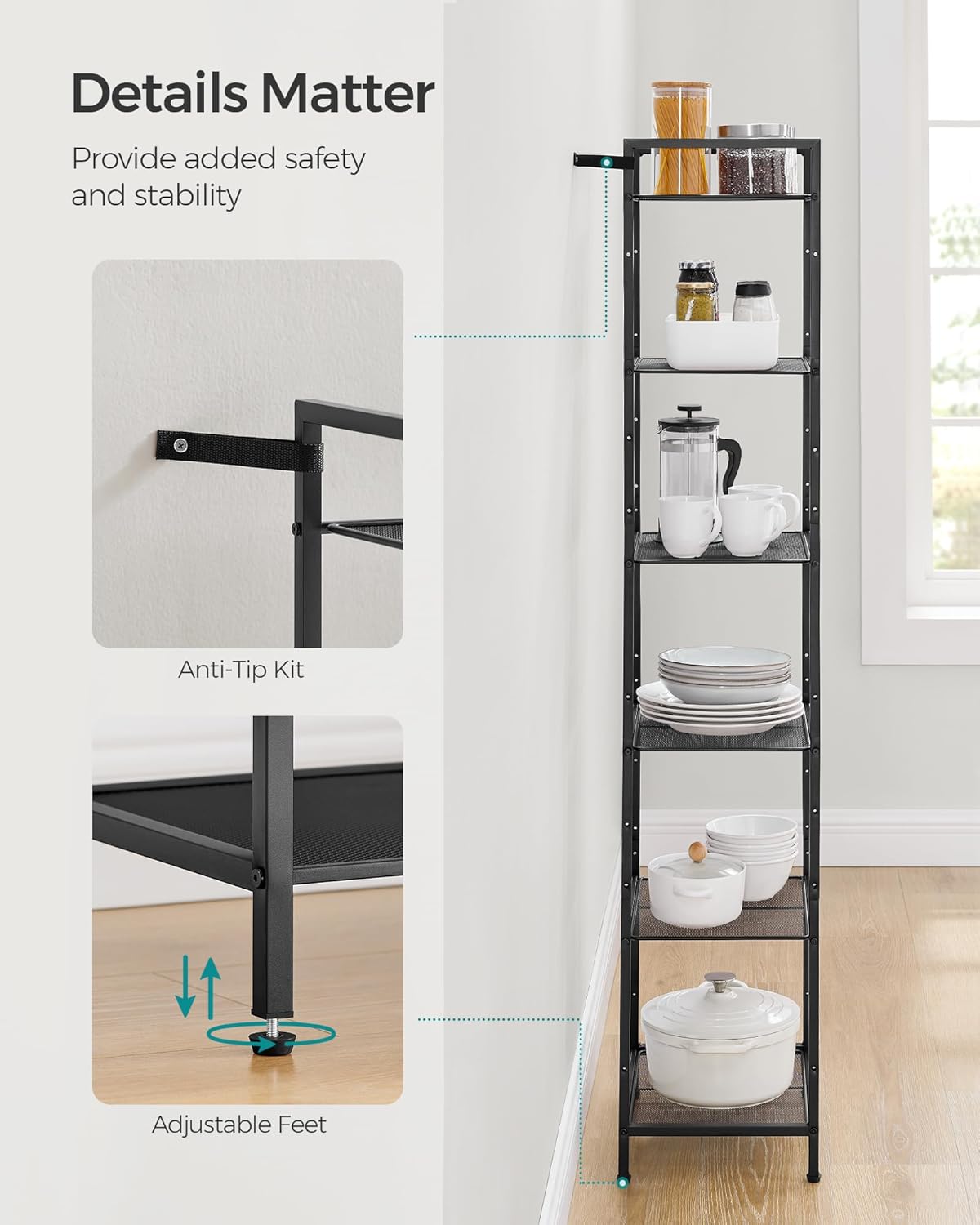SONGMICS Estante de almacenamiento de 6 niveles, estante de baño, soporte extensible para plantas con estante ajustable, para baño, sala de estar,