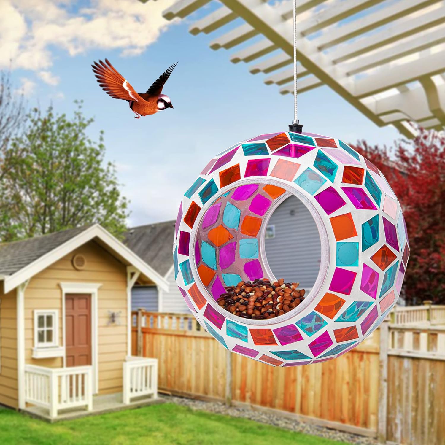 Comederos de vidrio para pájaros en el exterior, alimentador de pájaros de mosaico colgante, forma redonda volar a través del contenedor alimentador