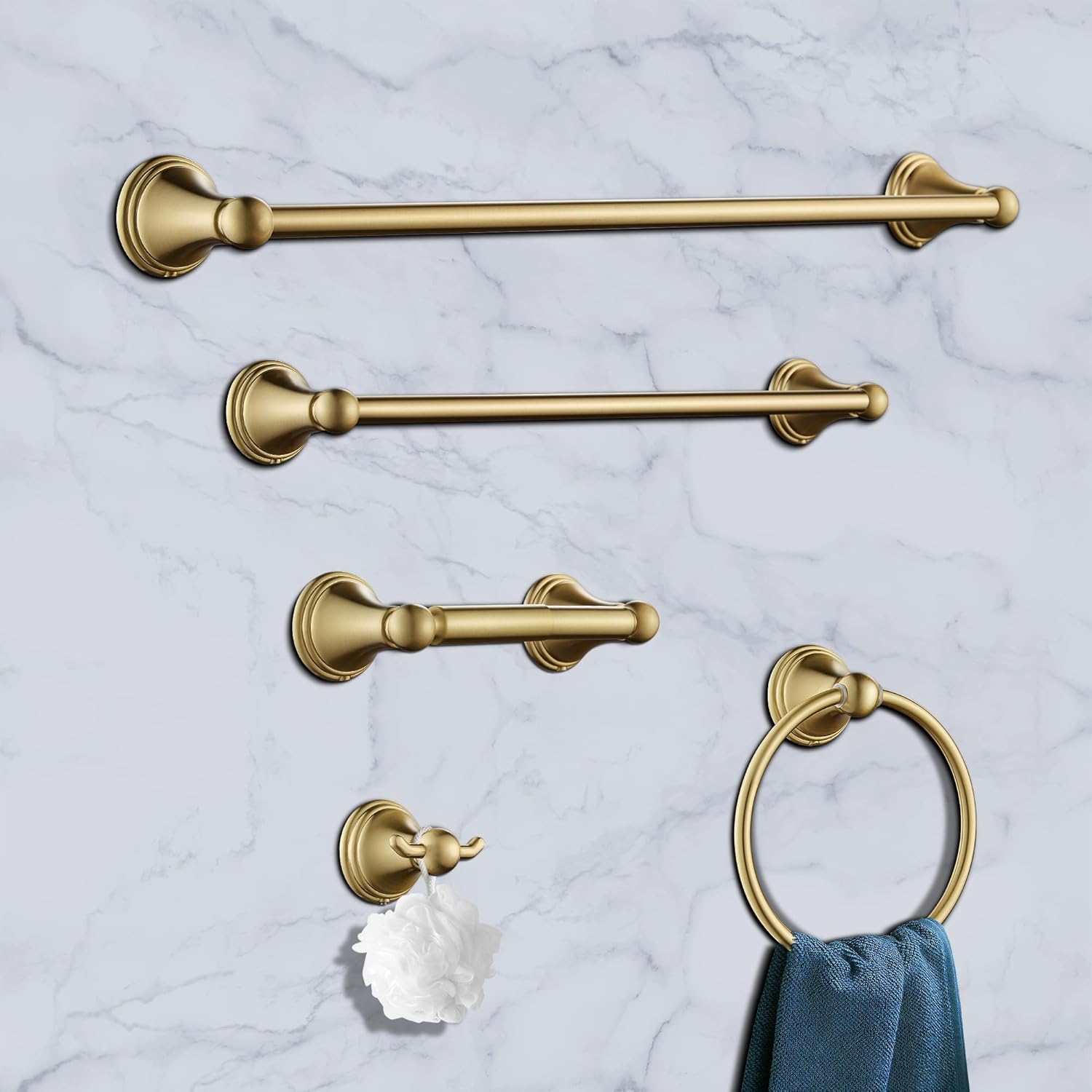 FOUTLQ Juego de accesorios de baño de oro cepillado, 5 piezas, juego de toallero de 24 pulgadas, acero inoxidable montado en la pared, juego de