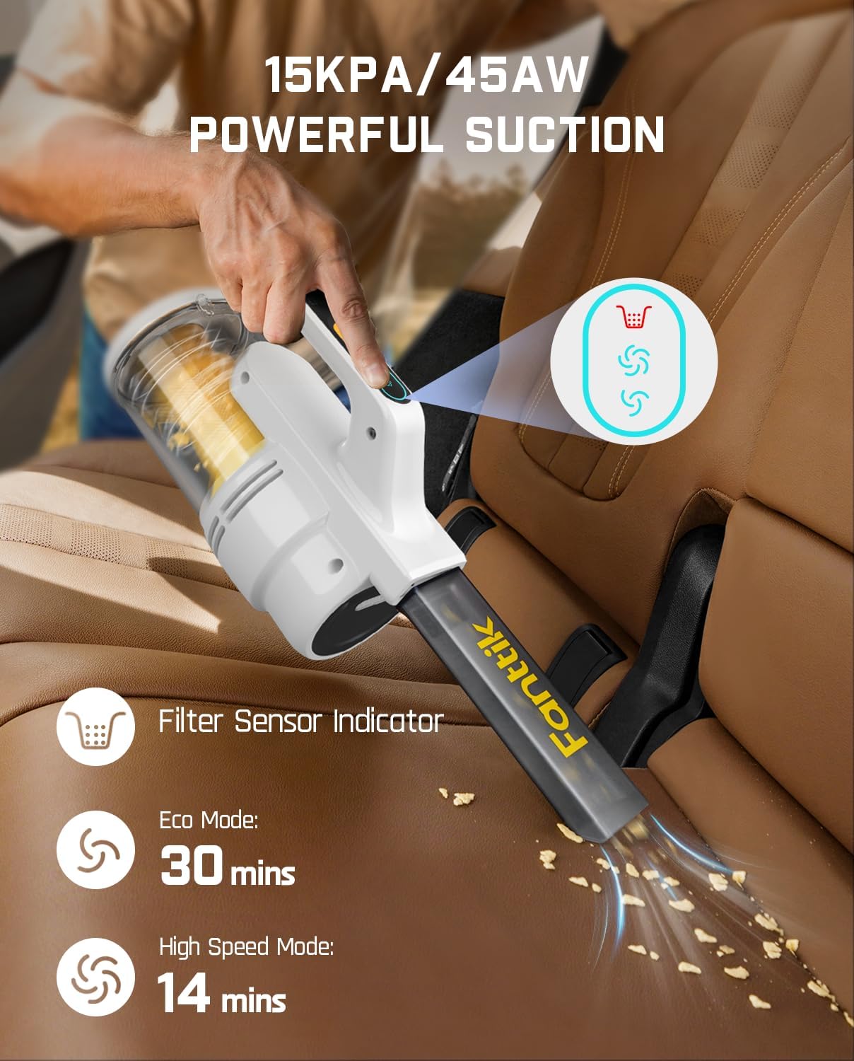 Fanttik Aspiradora de mano Cruise V9, aspiradora de coche de alta potencia de 15000 Pa, cubo de basura de 20.3 onzas, herramienta para grietas extra