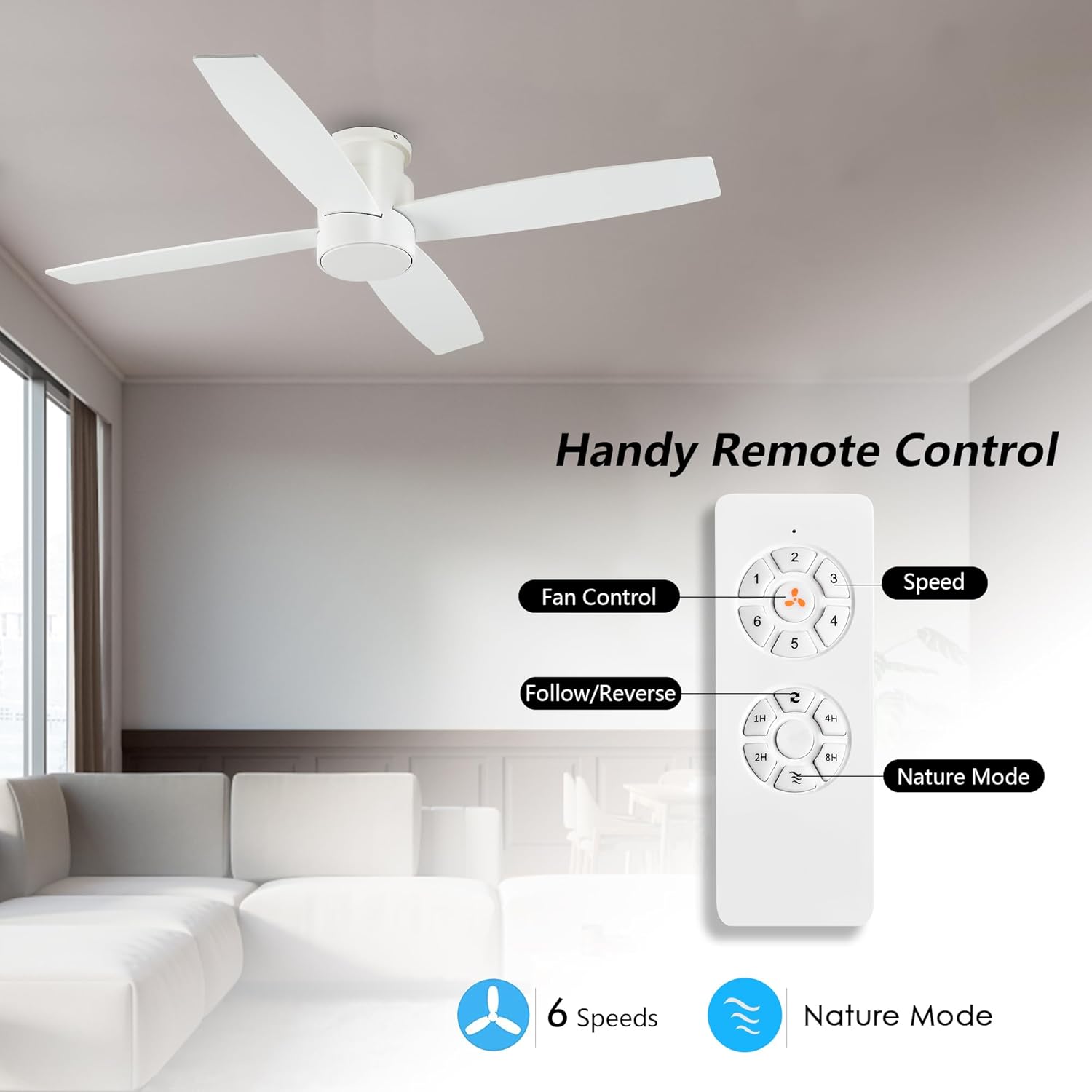 WINGBO Ventilador de techo CC de montaje empotrado de 52 pulgadas sin luces, 4 aspas reversibles, motor de CC ultra silencioso de 6 velocidades,