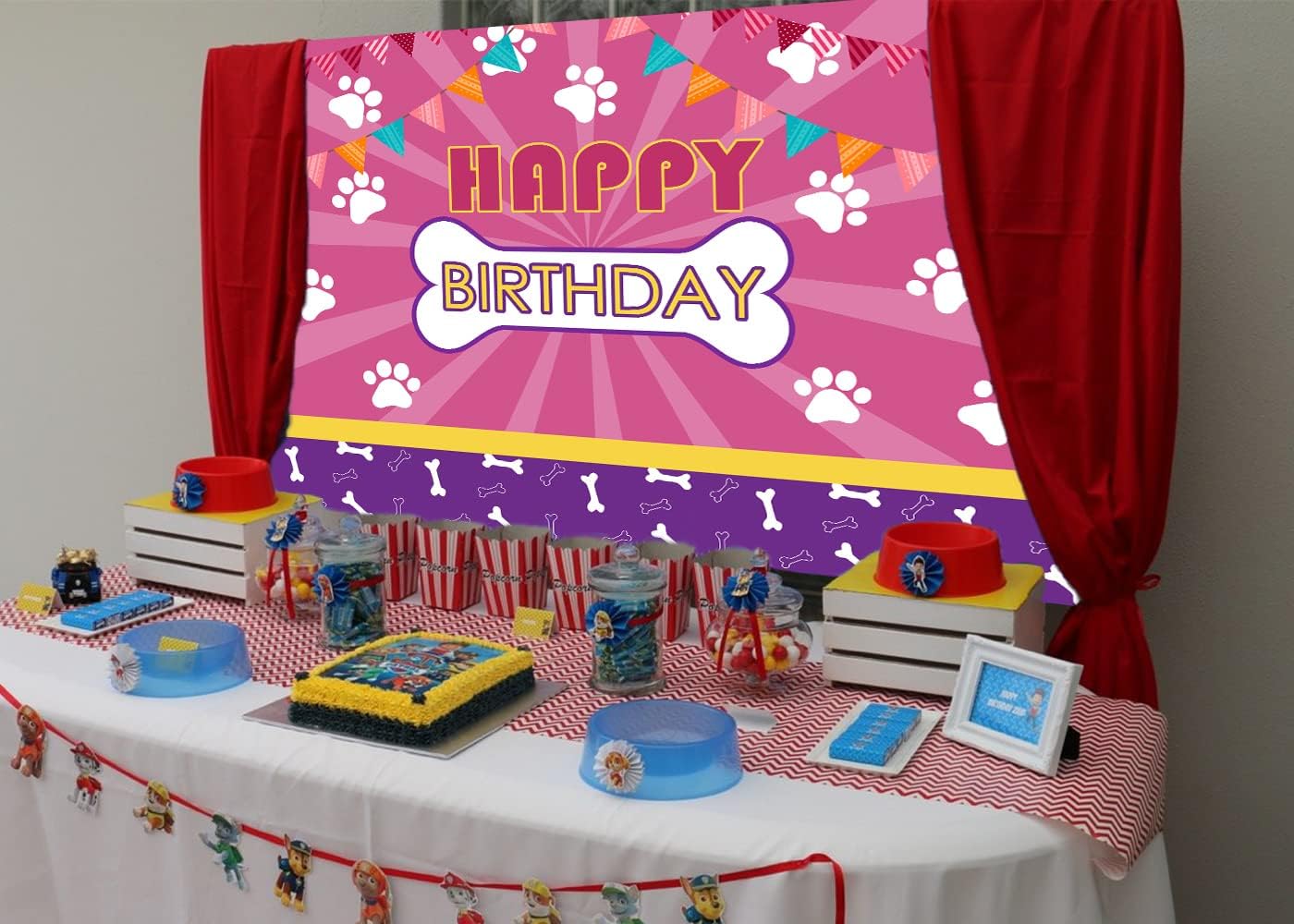 DLA149C – Telón de fondo rosa de cumpleaños con diseño de patas de perro de mascota, para niños, bebés, niñas, feliz cumpleaños, decoración de mesa,