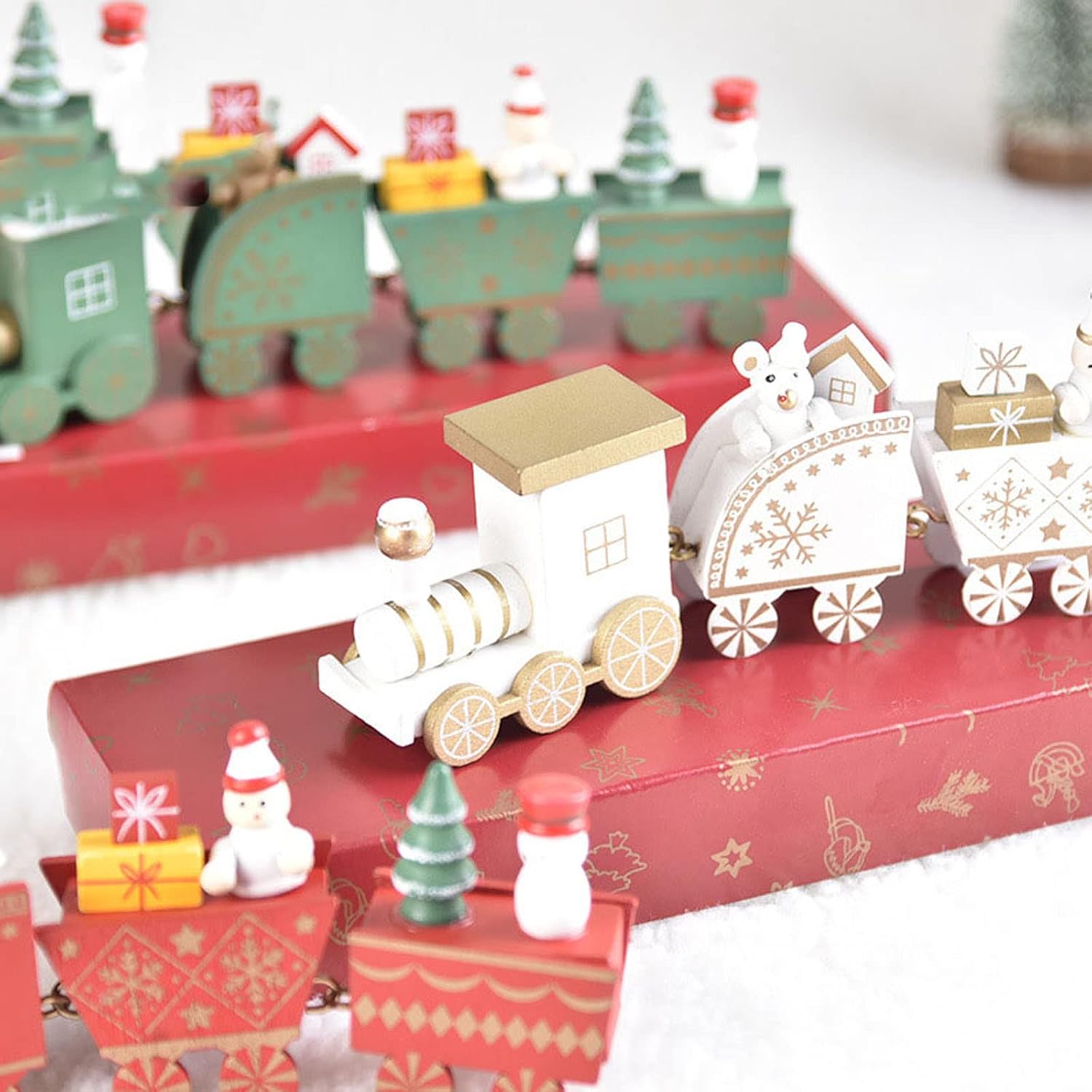 Tren de Navidad pintado de madera para decoración de Navidad, juguetes de regalo para niños, figura de tren de Navidad, decoración de mini