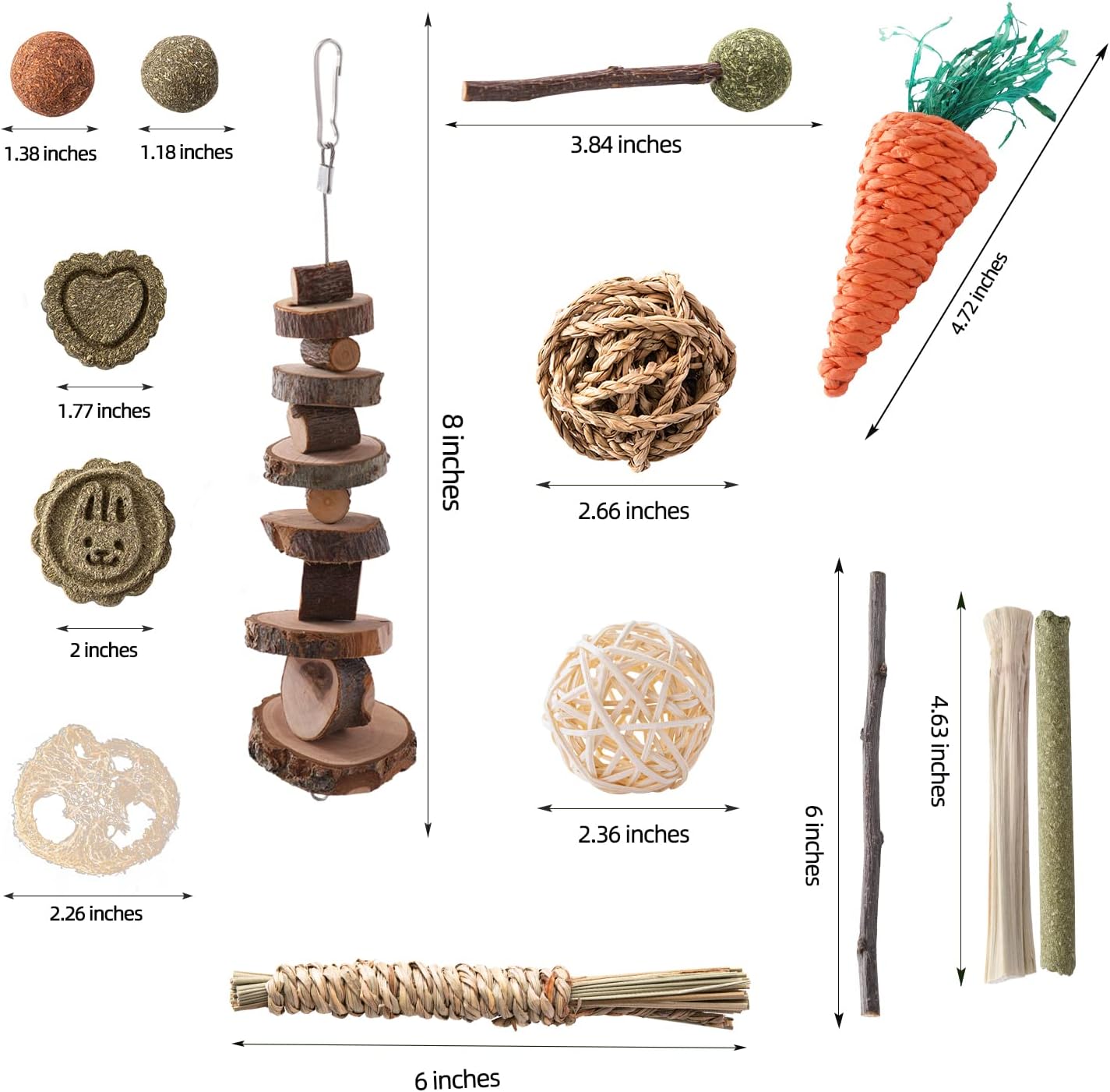 14 piezas de juguetes de conejo, juguetes para masticar, juguetes de hámster para dientes, madera de manzana natural, palitos de heno Timothy,