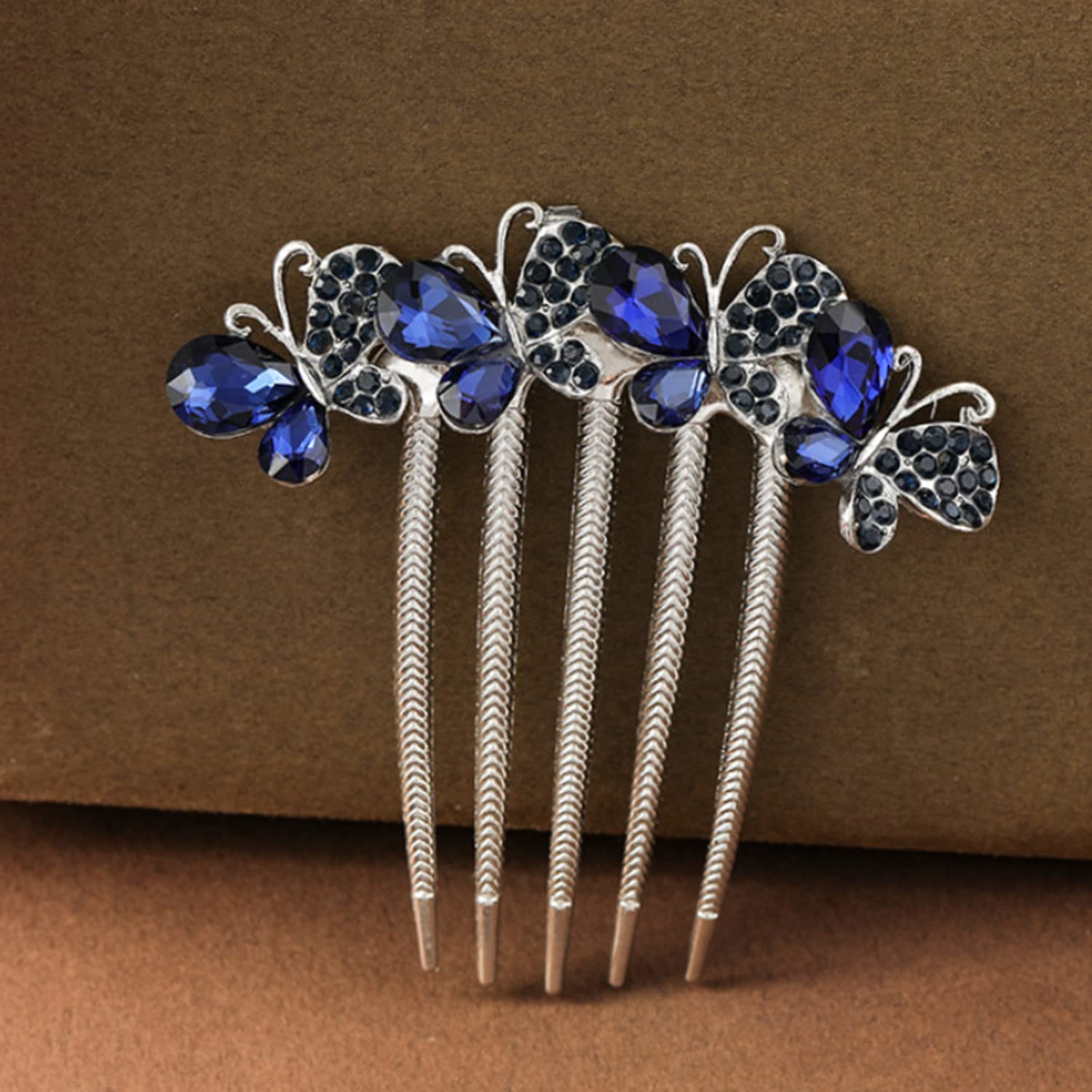 Xerling Peine de pelo con diamantes de imitación, accesorios para el cabello para mujeres, peine lateral de cristal de mariposa, pieza de pelo azul