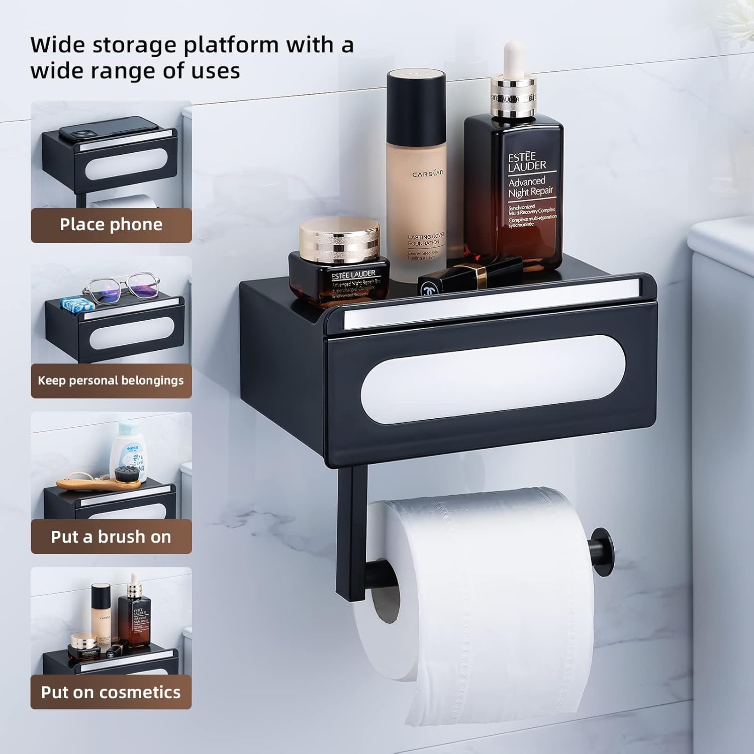 Soporte de papel higiénico autoadhesivo negro mate, material ABS de alta calidad, soporte de papel higiénico de montaje en pared con estante y caja