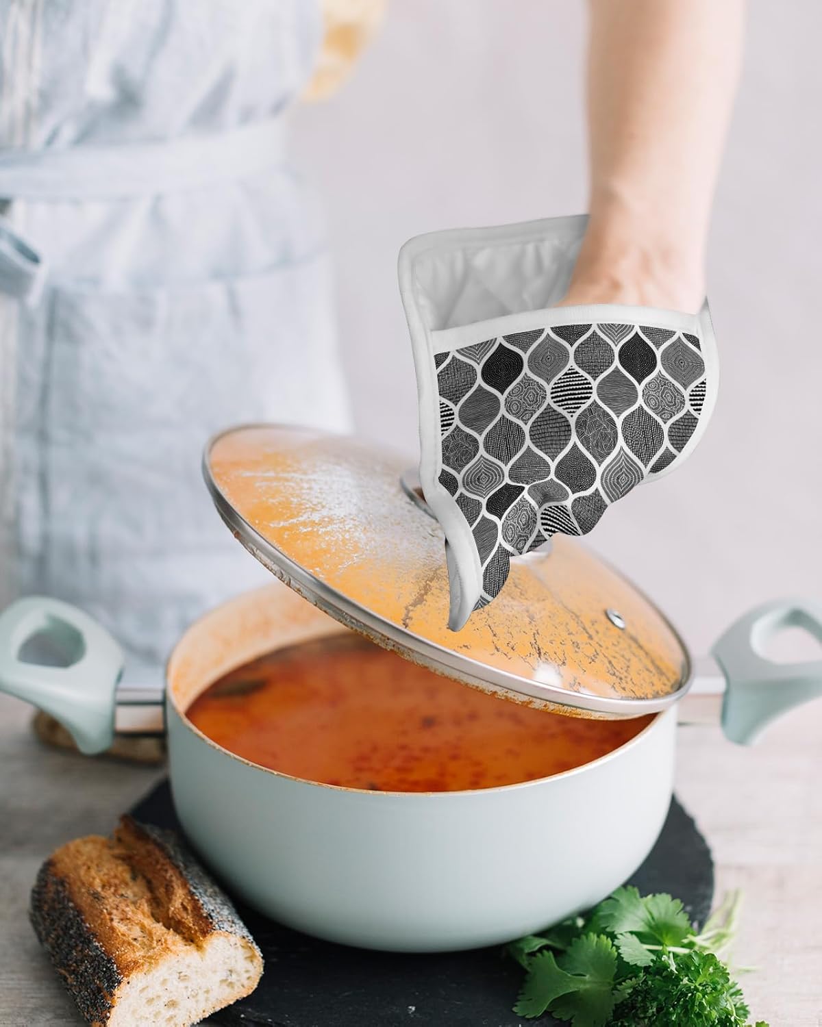 Black Bohemia 2Pcs Pot Holders for Kitchen,Non Slip & Heat Insulation Terry Cloth Potholder Set with Pocket,Thick Hot Pad Oven Mitts Trivet Coaster
