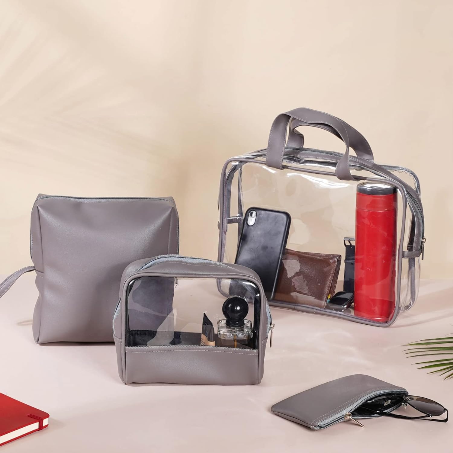 Nestasia Juego de 4 bolsas de viaje multiusos de cuero vegano para almacenamiento  Bolsas de cosméticos con cremallera, organizadores de maquillaje