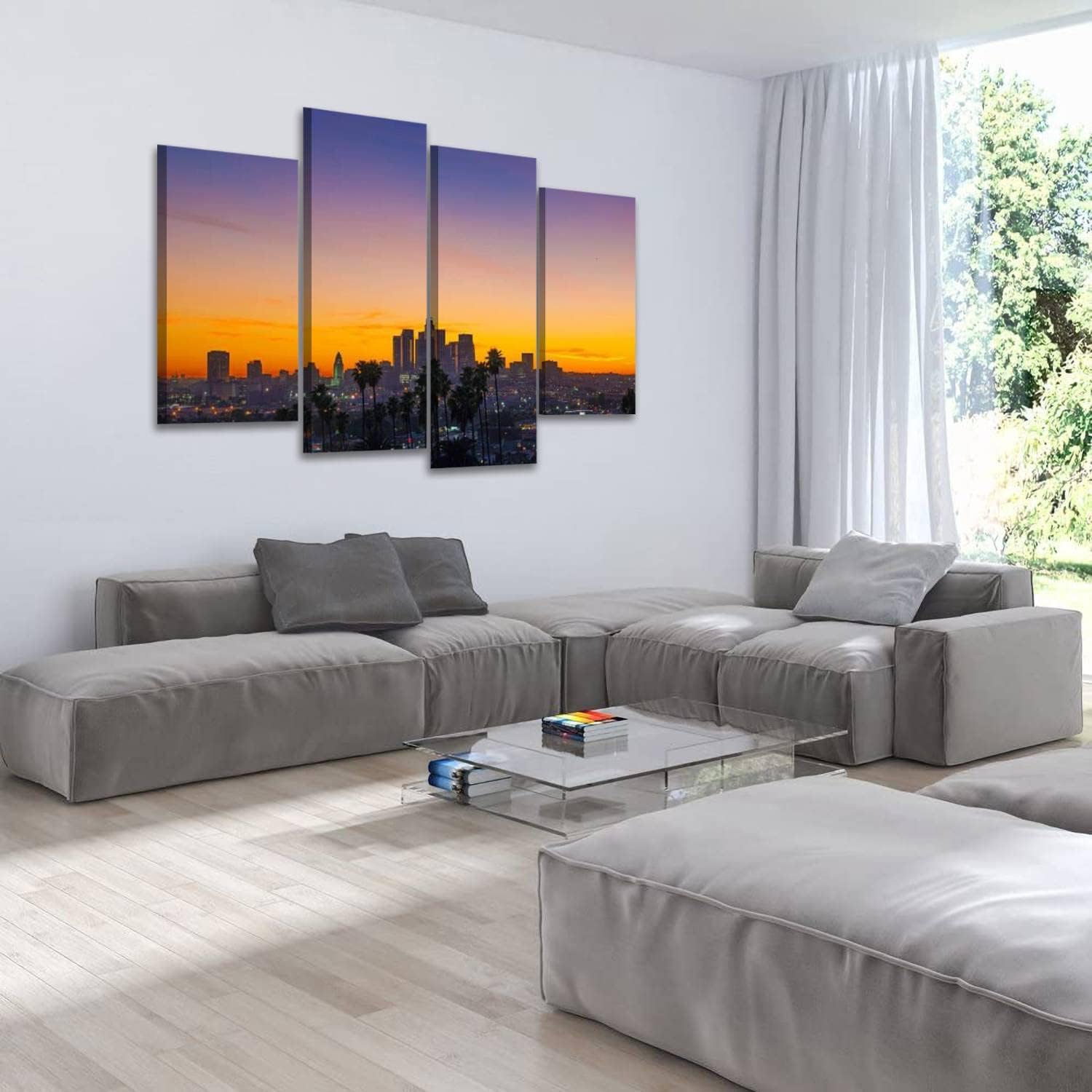 Lienzo de 4 paneles para pared, diseño de Los Ángeles, horizonte, palmeras, gran angular, póster de pintura estirado y enmarcado, decoración de