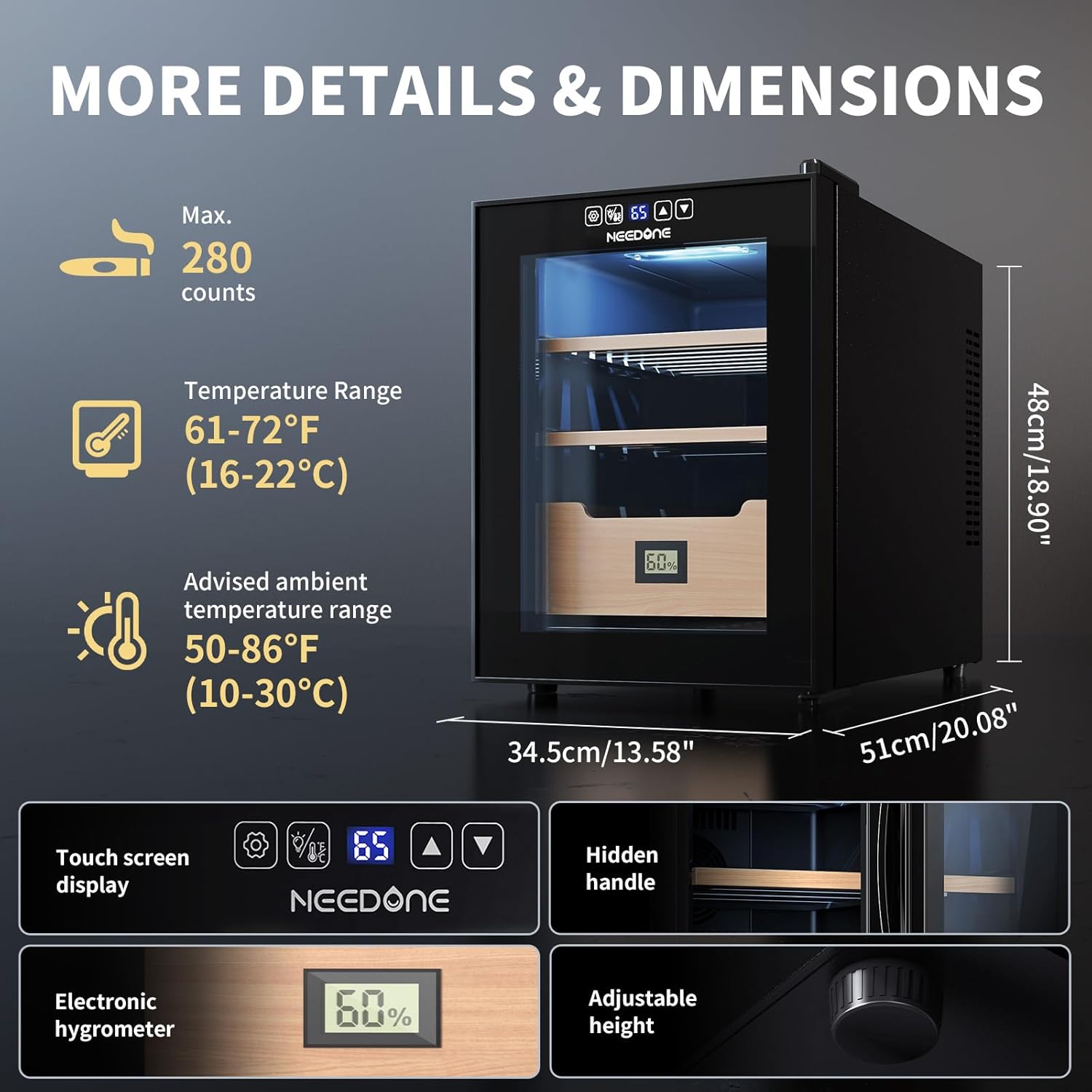 NEEDONE Humidor eléctrico de 33 litros con sistema de control silencioso de calefacción y refrigeración, armario refrigerador grande para 280