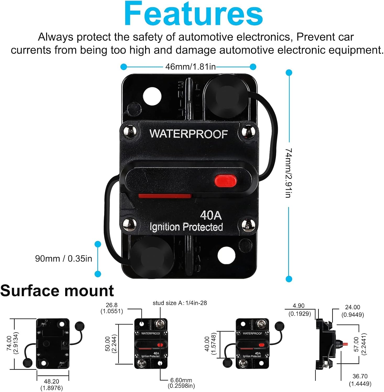 Disyuntor impermeable de 40 amperios, portafusibles, disyuntor de audio, con reinicio manual, 12V-48V CC, 30A-300A, para sistema de audio de barco