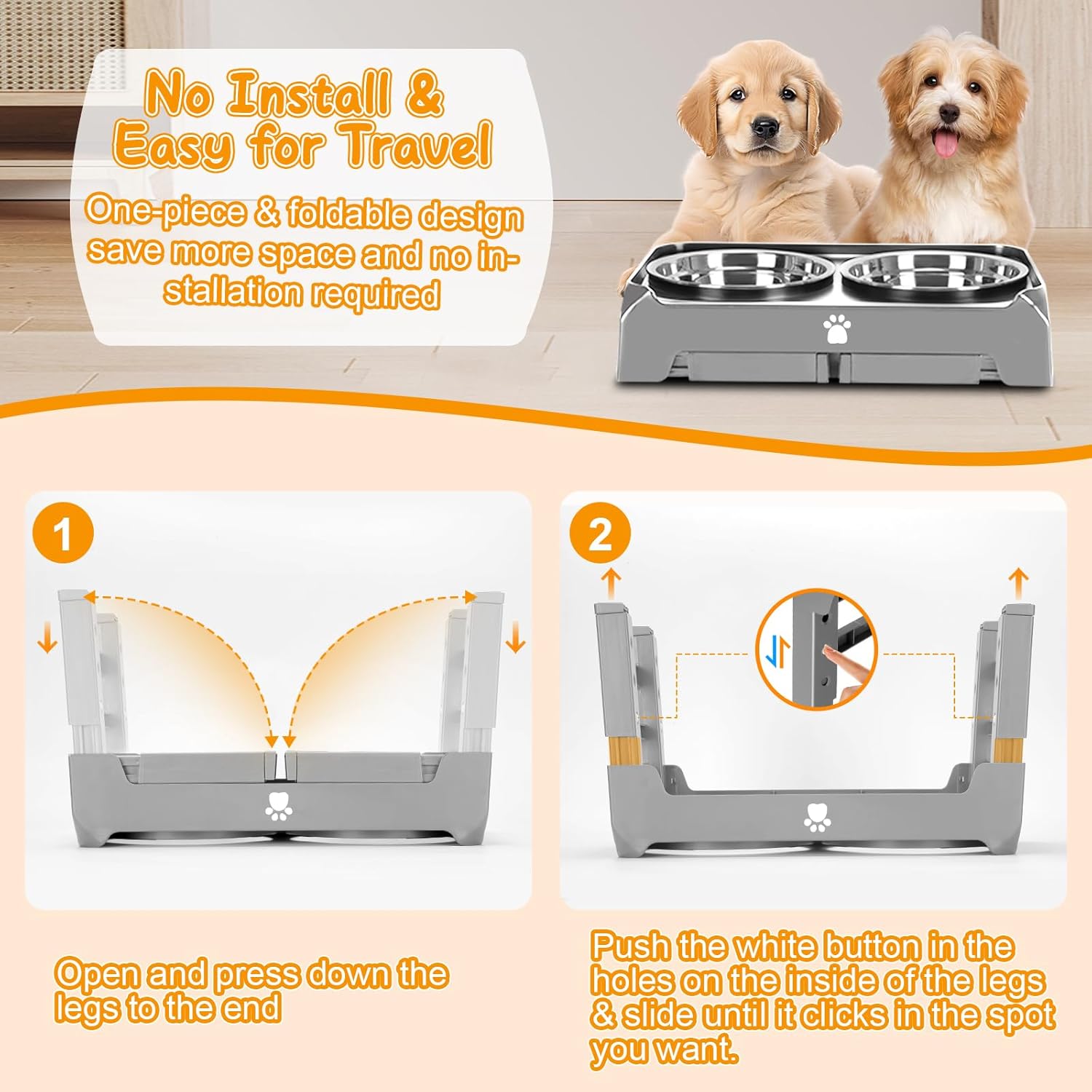 Tazones elevados para perros con altura ajustable con 2 cuencos de acero inoxidable para alimentos para perros, comedero plegable antideslizante
