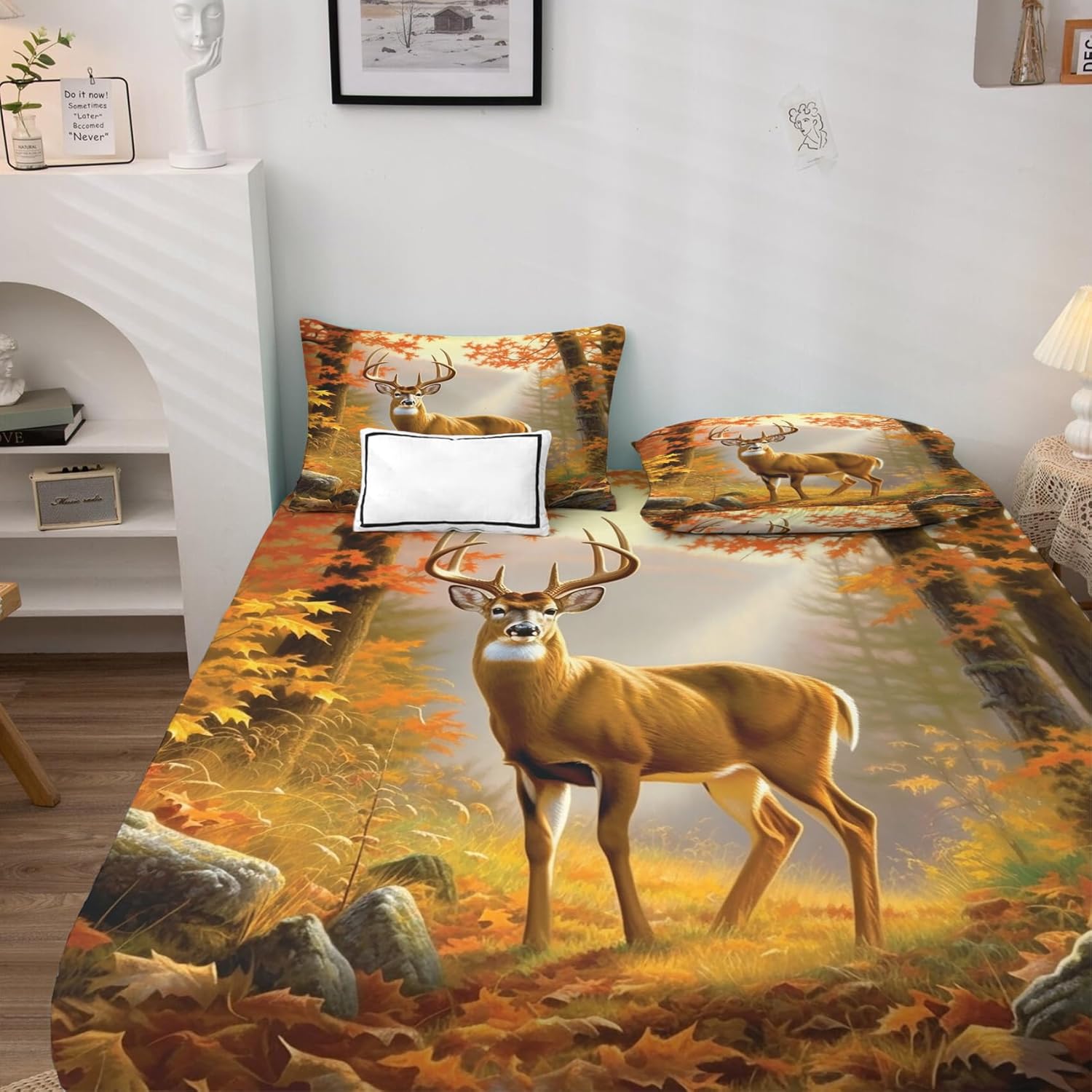 Sábanas de ciervo tamaño Queen  Sábanas de cama de animales del bosque otoñal, microfibra suave, bolsillo profundo, sábanas y fundas de almohada