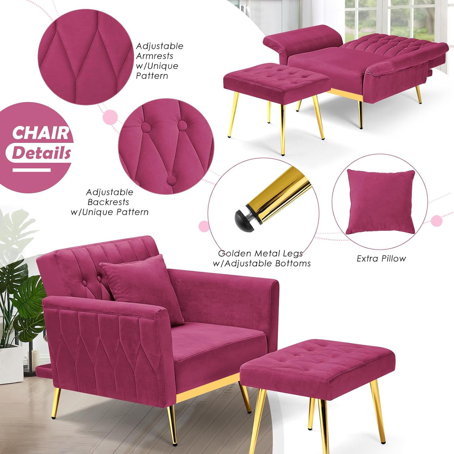 Silla decorativa de terciopelo con respaldo y reposabrazos ajustables, sillón reclinable individual con otomana y patas mentales doradas para sala