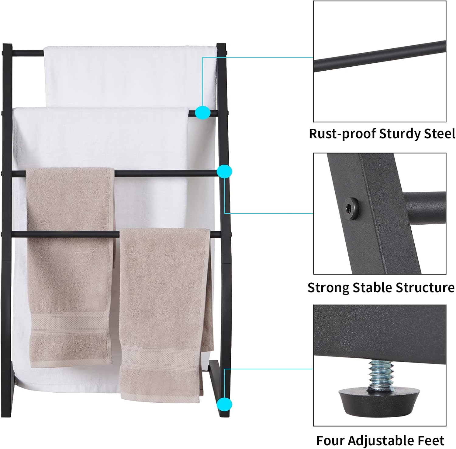 Toalleros para baño, toallero de pie independiente, toalleros de piscina al aire libre, soporte de toalla de metal de 4 niveles para baño, soporte