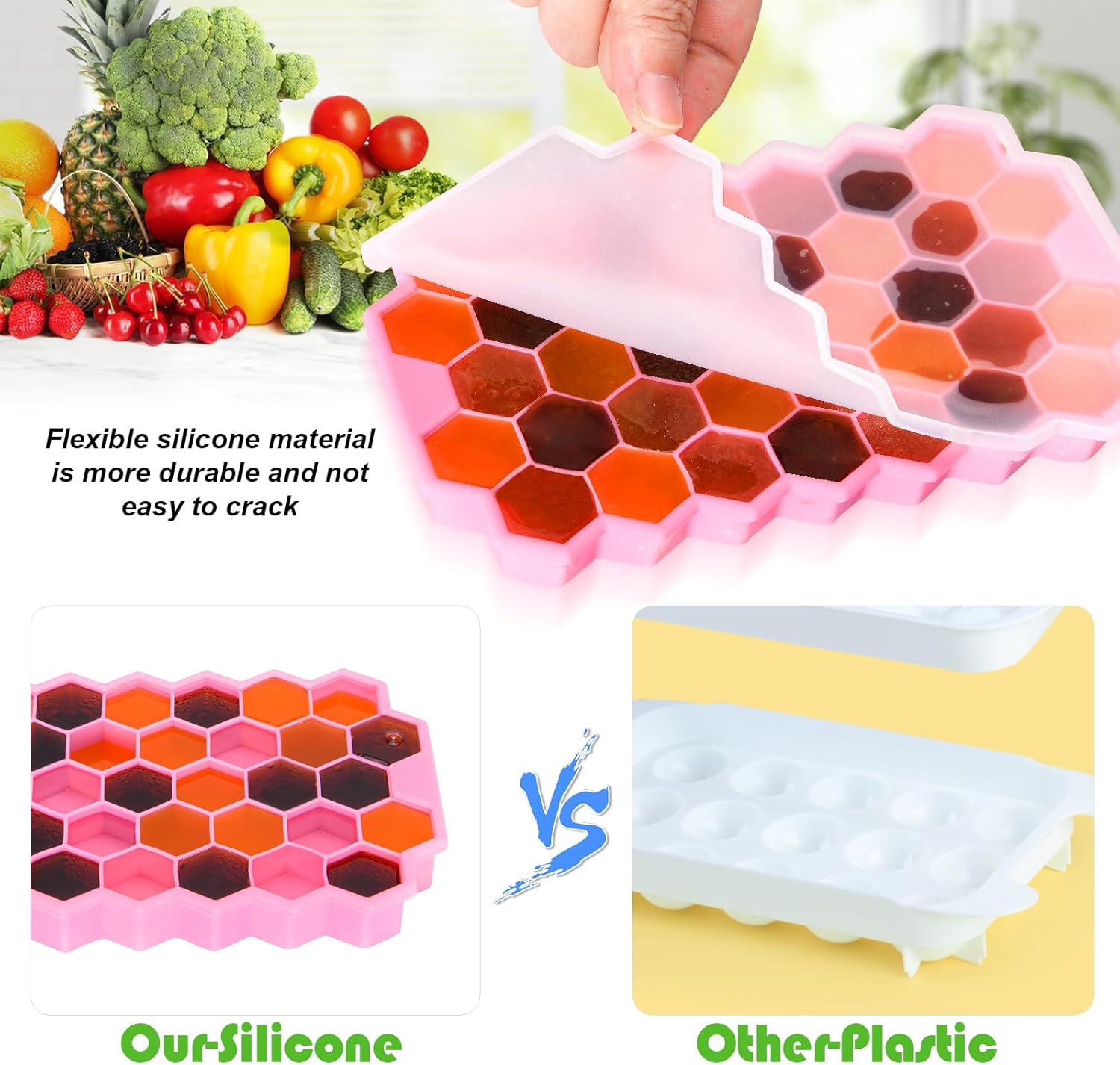 Bandeja para cubitos de hielo mejorada, paquete de 2 bandejas flexibles de silicona para cubitos de hielo, cubitos de hielo reutilizables de fácil