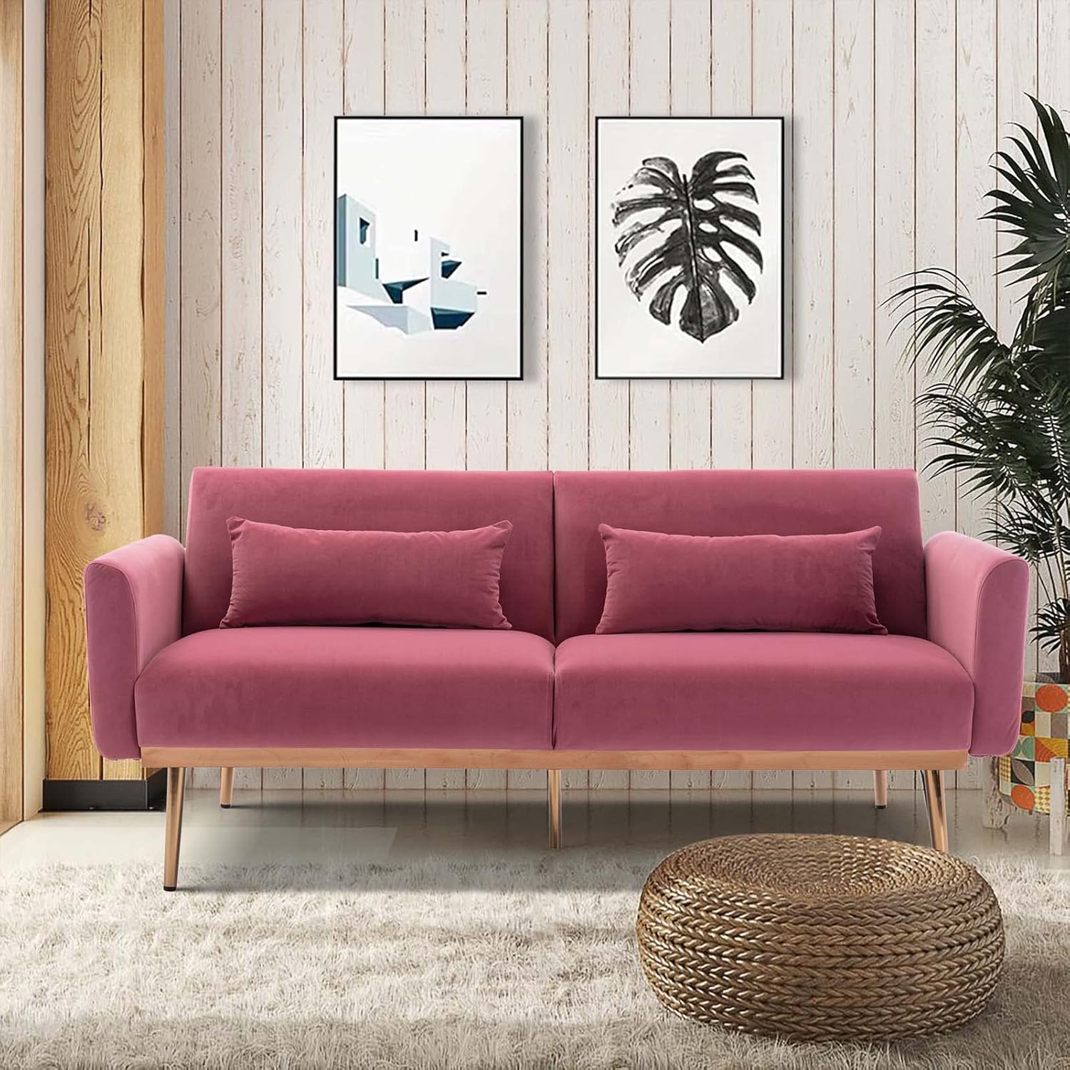TMEOSK Sofá cama tipo futón convertible de terciopelo de 68 pulgadas con 2 almohadas, moderno sofá biplaza plegable, sofá reclinable para sala de