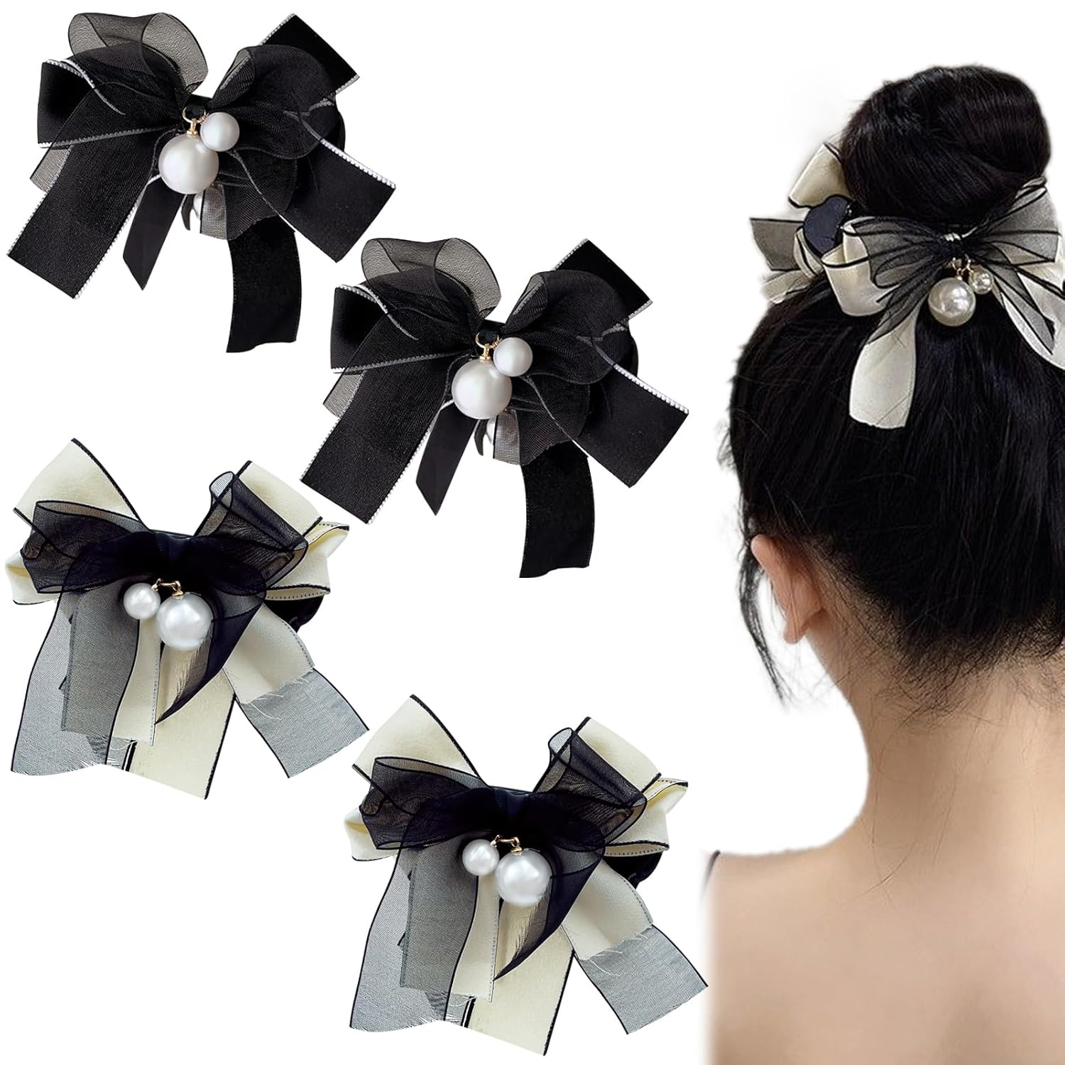 4 pinzas para el cabello con lazo y perlas, cinta blanca y negra, con lazo, pinzas para el cabello, accesorios para la cabeza para mujeres y niñas