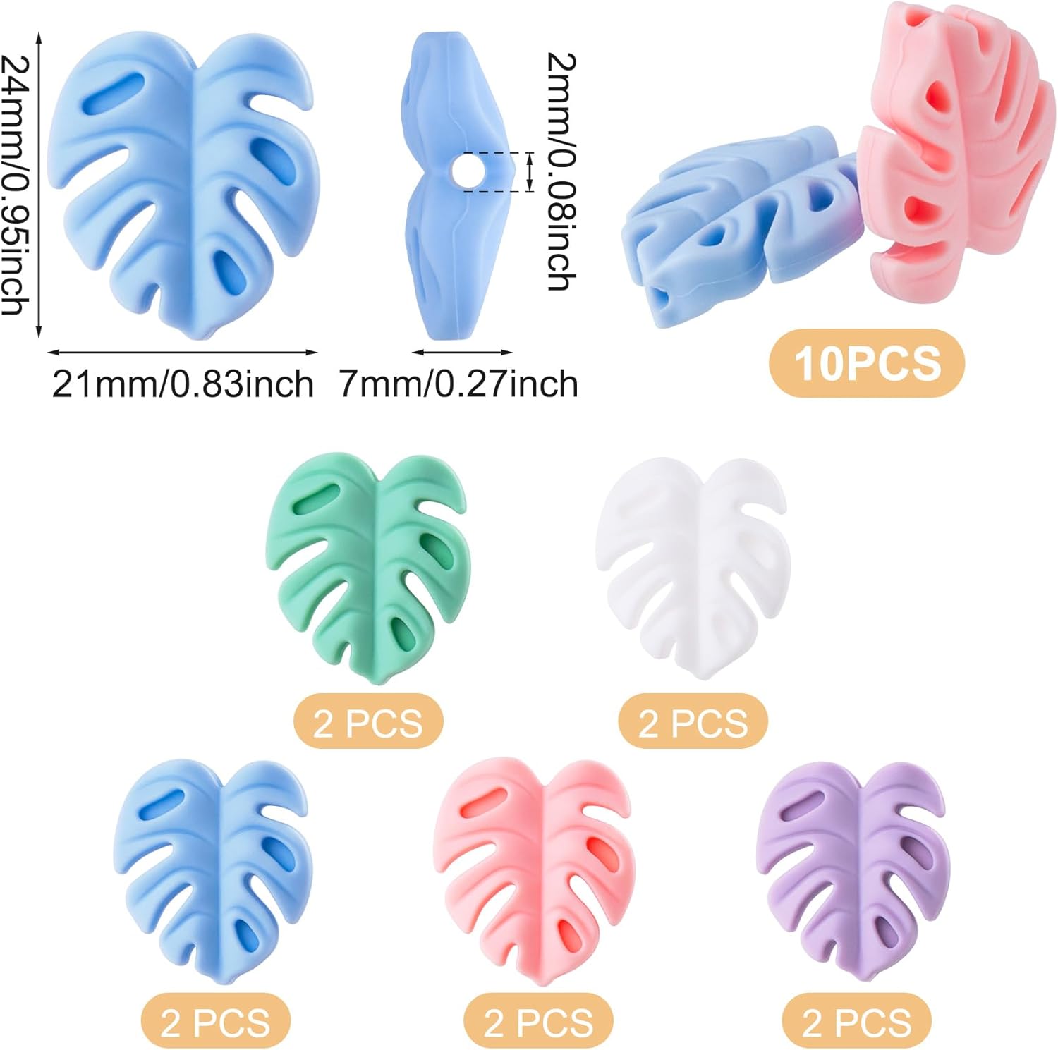 Nuorest 10 cuentas de hoja de silicona coloridas para hacer joyas, cuentas focales de silicona, cuentas en forma de hoja para manualidades,