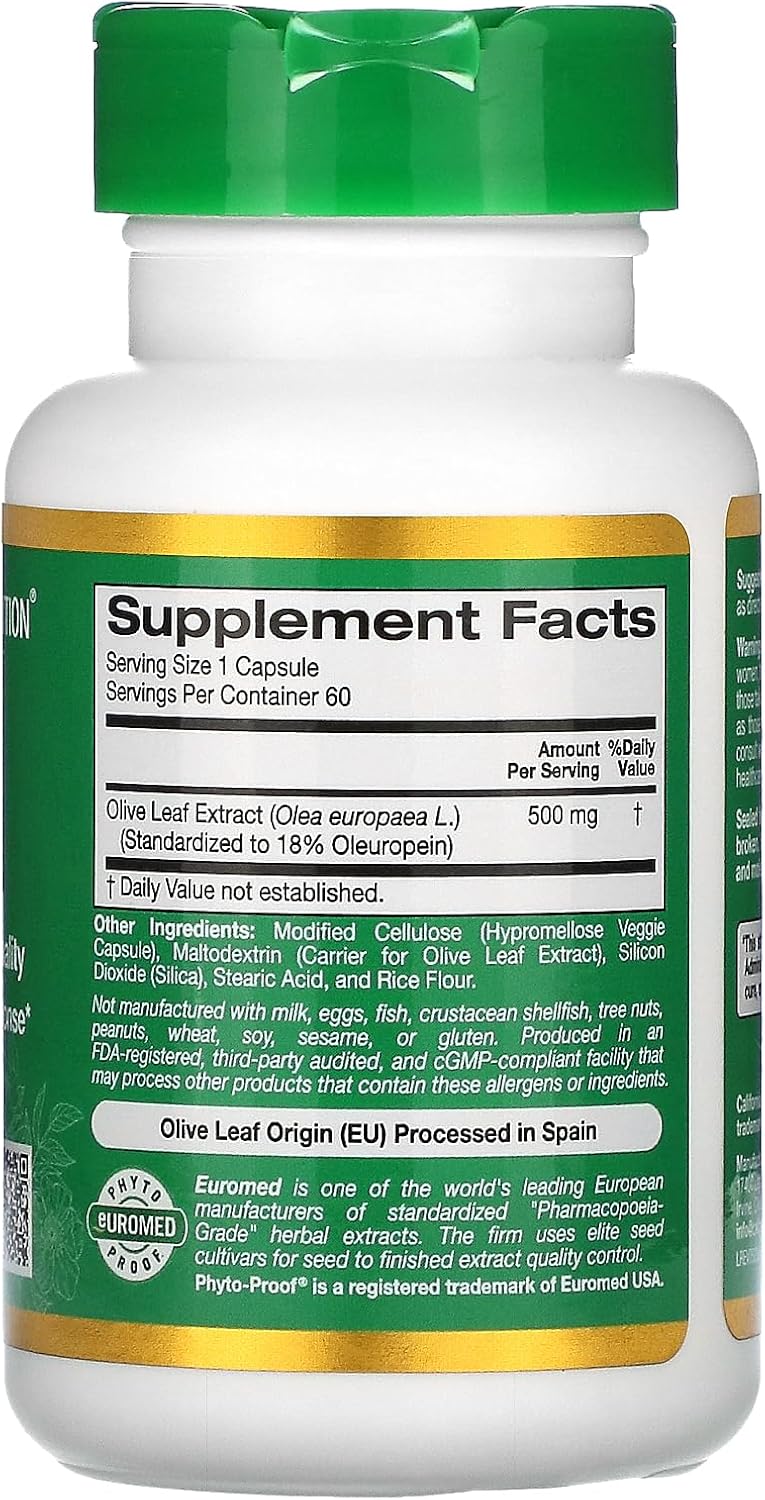 Extracto de hoja de olivo 500 mg, 18% de oleuropeína, procesado en España, calidad europea probada por terceros, 60 cápsulas vegetarianas,